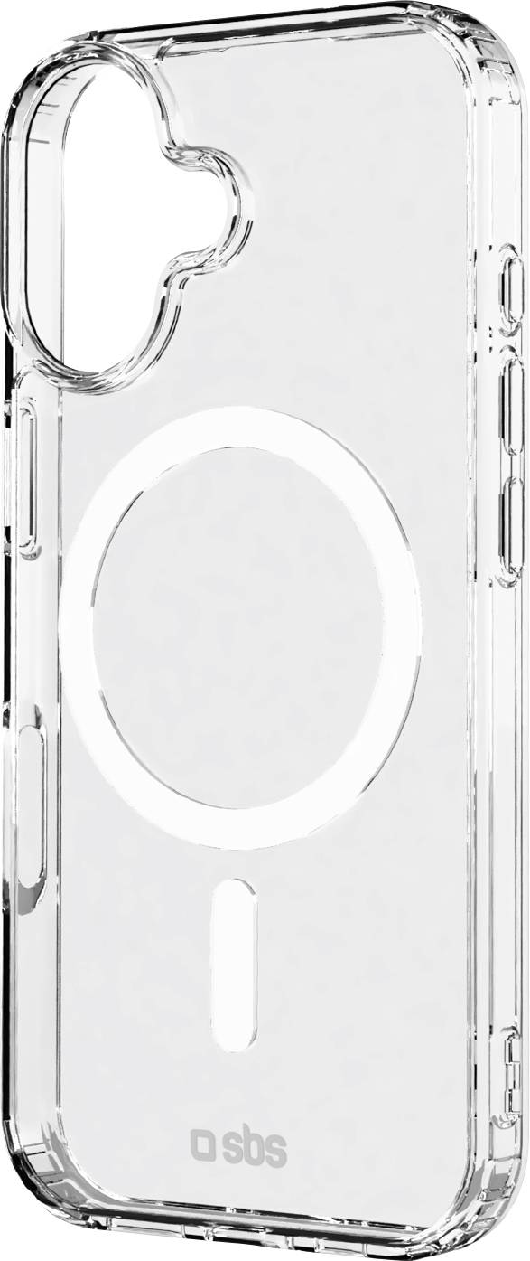 Un étui de smartphone transparent compatible avec MagSafe, doté d'un contour magnétique circulaire au centre et d'un petit logo en bas.