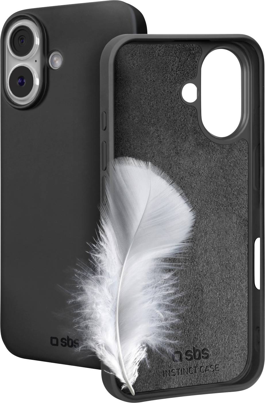 Étui de smartphone noir à texture douce, présentant une plume blanche sur sa face arrière, mettant en valeur son design léger et protecteur.