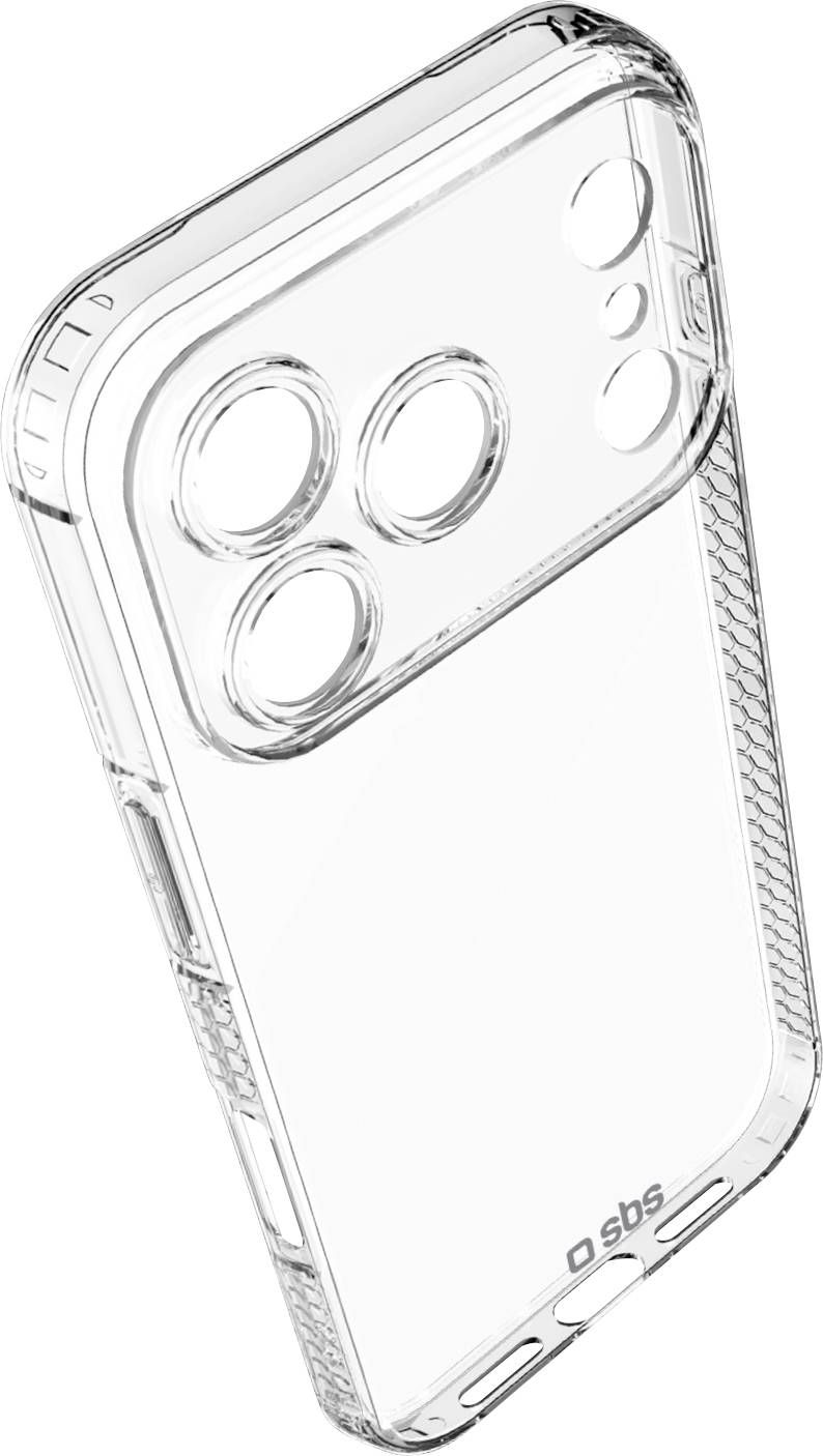 Un étui de smartphone transparent avec des coins renforcés et des bords surélevés, conçu pour protéger l'appareil photo, comportant des découpes précises.