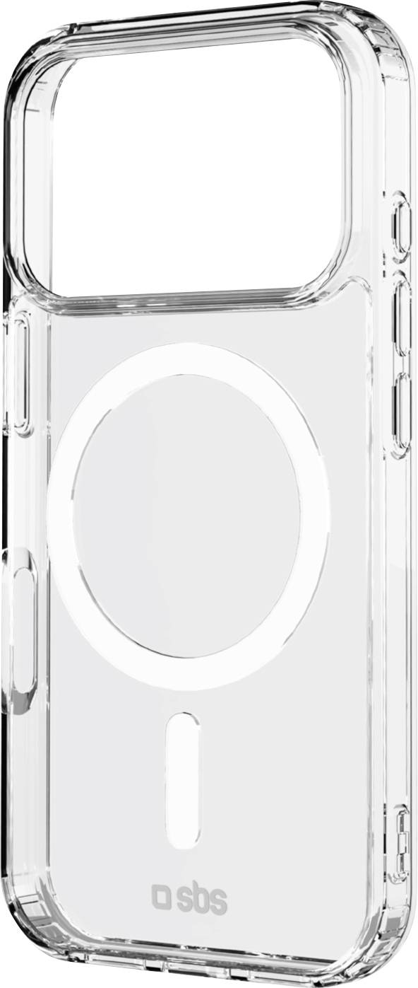 Étui de téléphone transparent compatible avec MagSafe, avec contour de magnets circulaires et logo en bas. Conçu pour iPhone.