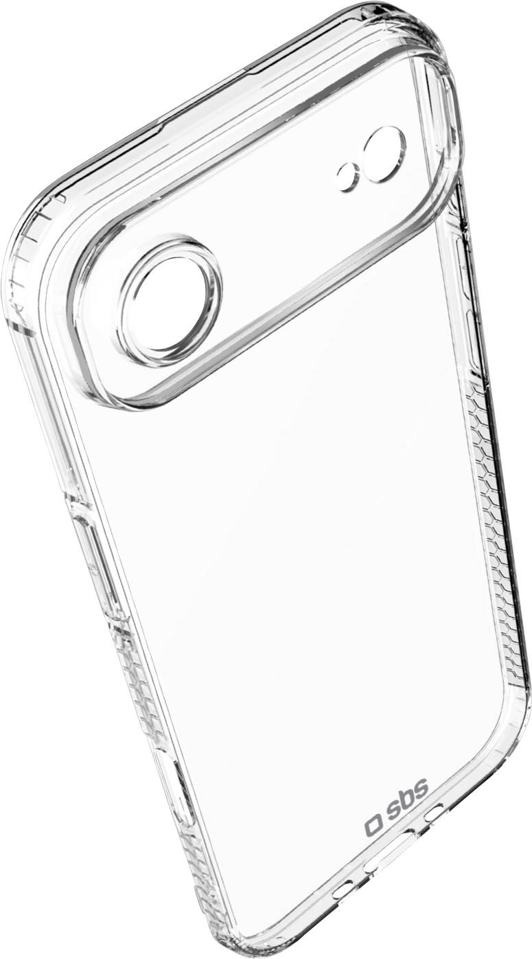 Étui transparent pour smartphone, vue en angle ; protection transparente avec découpe pour caméra et bords surélevés, adapté à la protection de l'appareil.