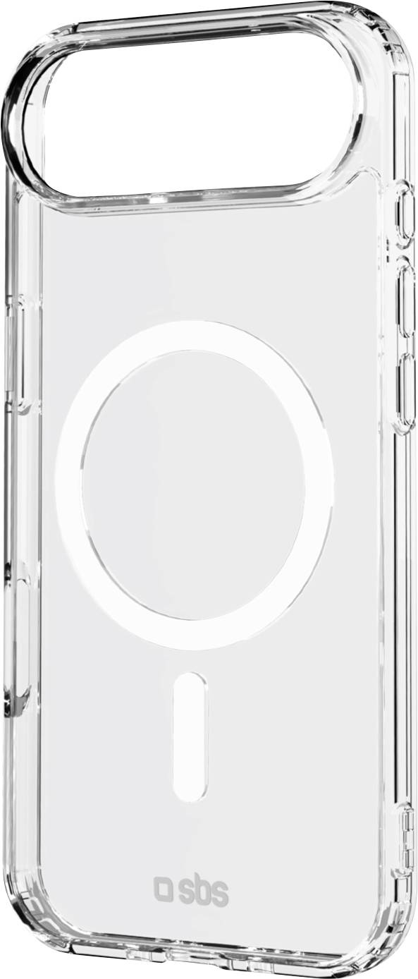 Un étui de téléphone transparent compatible avec MagSafe, présentant un alignement magnétique circulaire et un petit logo SBS près de la base.