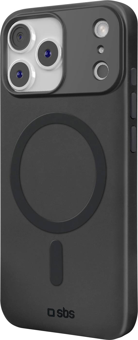 Un étui pour smartphone élégant, noir, avec trois découpes pour objectifs et une zone de charge magnétique circulaire visible.