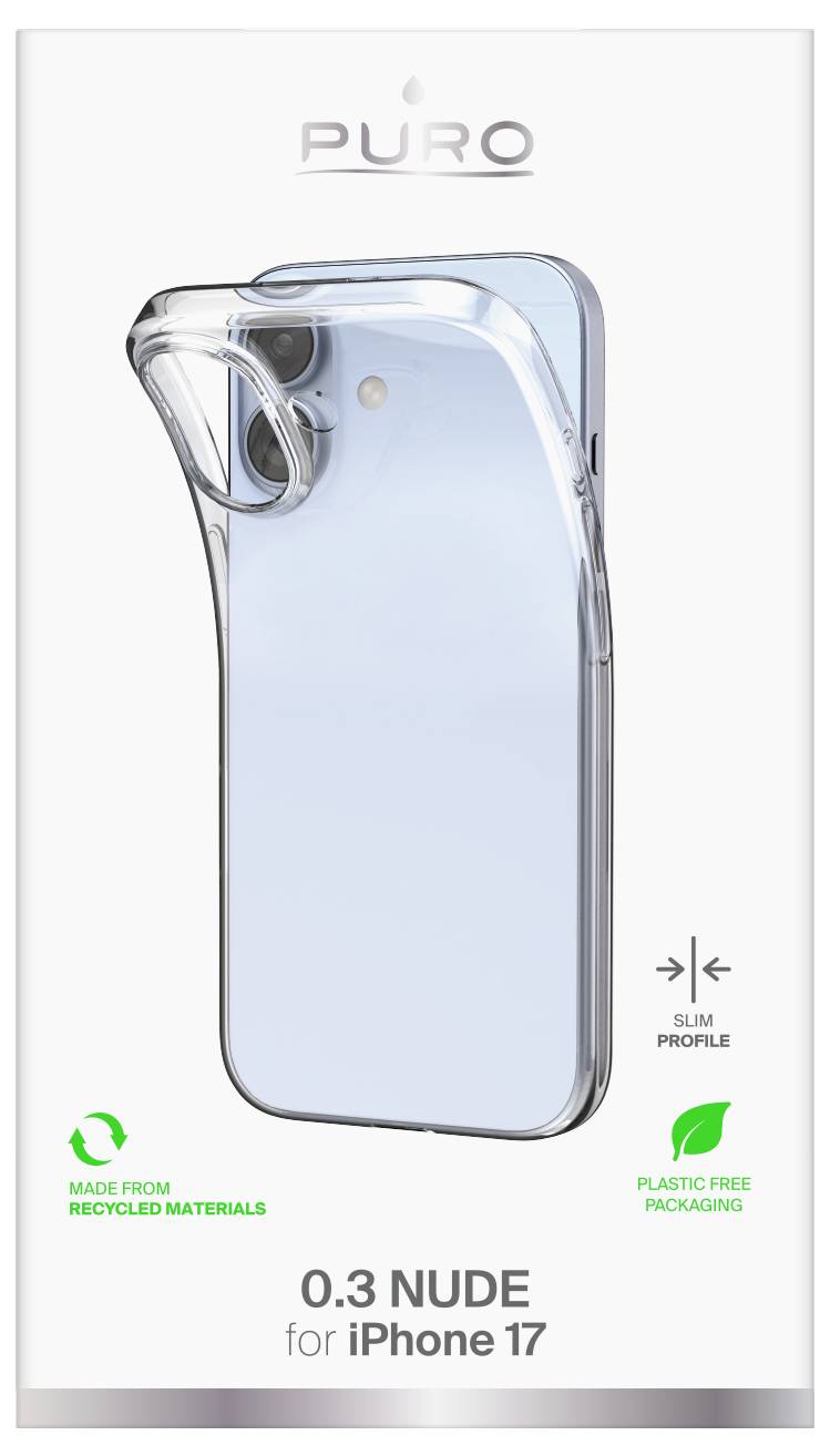 Étui de protection transparent et fin pour iPhone 17, emballage étiqueté '0.3 Nude', fabriqué à partir de matériaux recyclés et sans plastique.