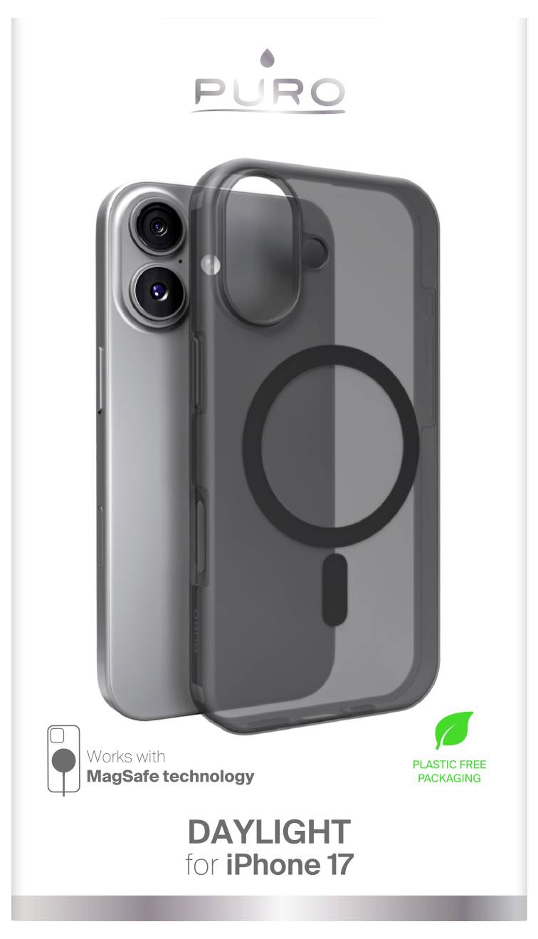 Étui transparent 'Puro Daylight' pour iPhone 17, compatible avec la technologie MagSafe, présenté sur un emballage blanc. Emballage sans plastique noté.