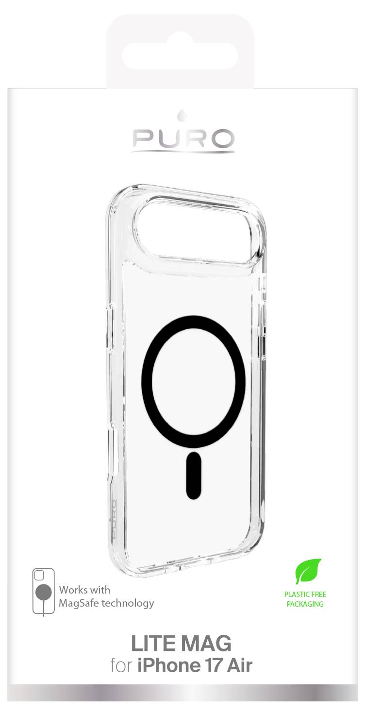 Étui de téléphone transparent avec symbole MagSafe, compatible avec iPhone 17 Air. Texte indiquant « LITE MAG » et « Emballage sans plastique ».