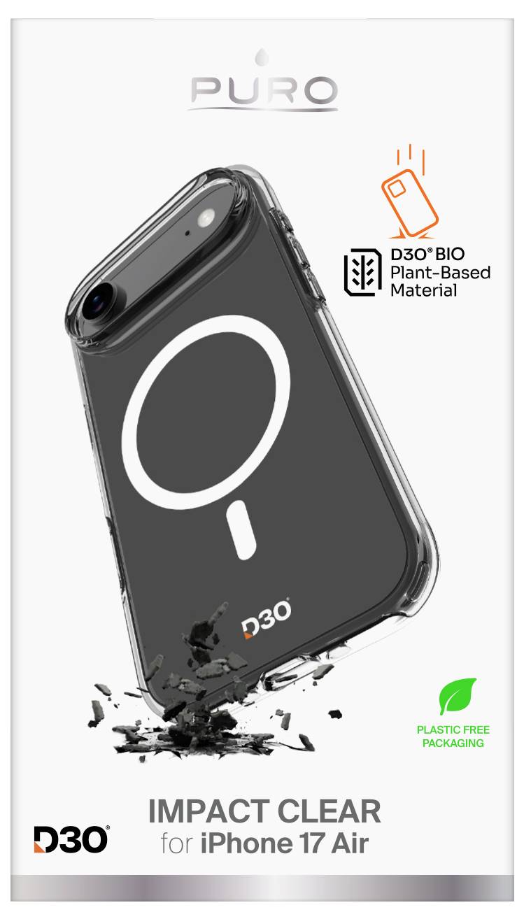 Étui de téléphone transparent pour iPhone 17 Air, fabriqué à partir du matériau biosourcé D3O, offrant une protection contre les chocs et conditionné dans un emballage sans plastique.