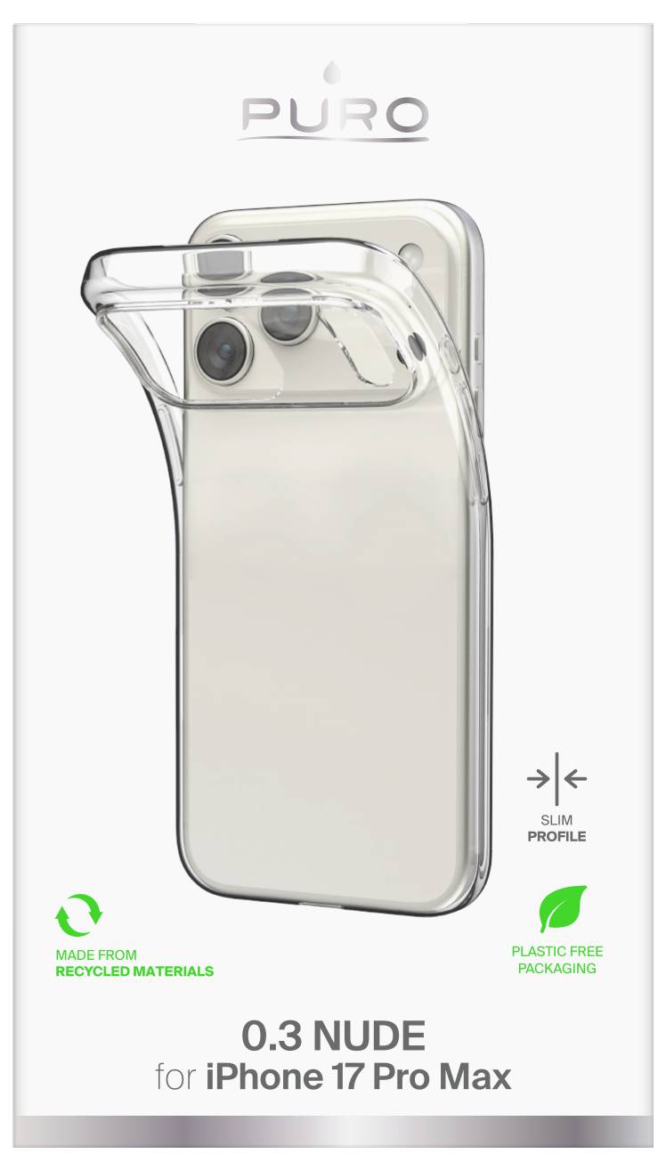 Étui transparent 'Puro' pour iPhone 17 Pro Max au profil fin, fabriqué à partir de matériaux recyclés, avec un emballage sans plastique.