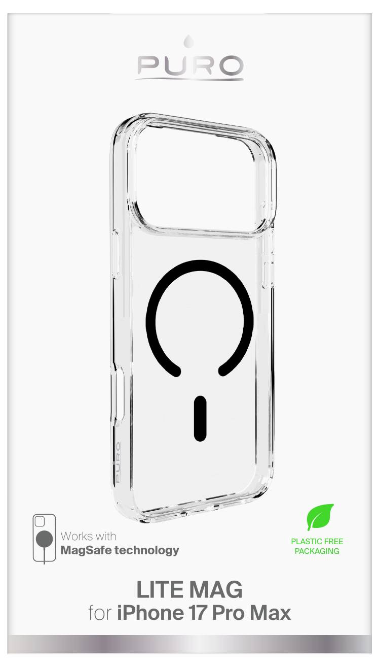 Étui transparent pour iPhone 17 Pro Max avec texte 'Lite Mag', technologie MagSafe, et étiquette d'emballage sans plastique.