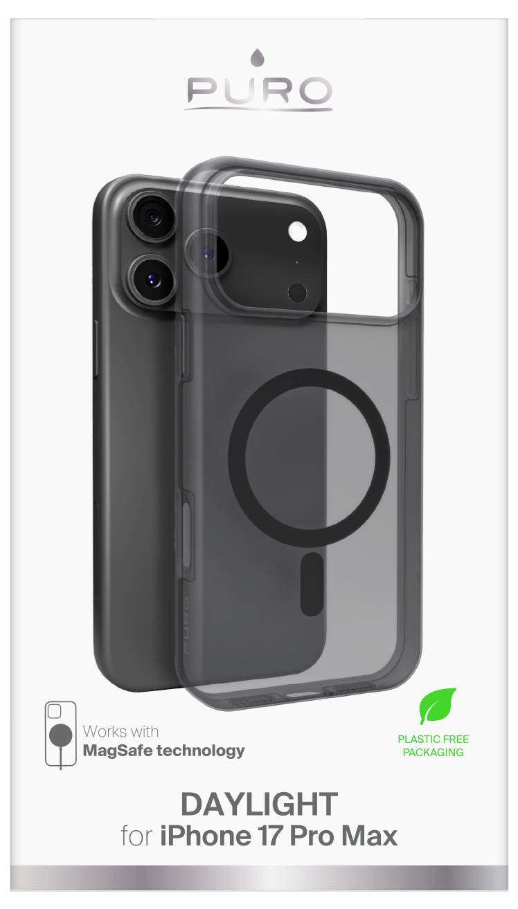 Étui 'iPhone 17 Pro Max' de Puro, transparent avec compatibilité MagSafe. L'emballage met en avant des matériaux sans plastique.