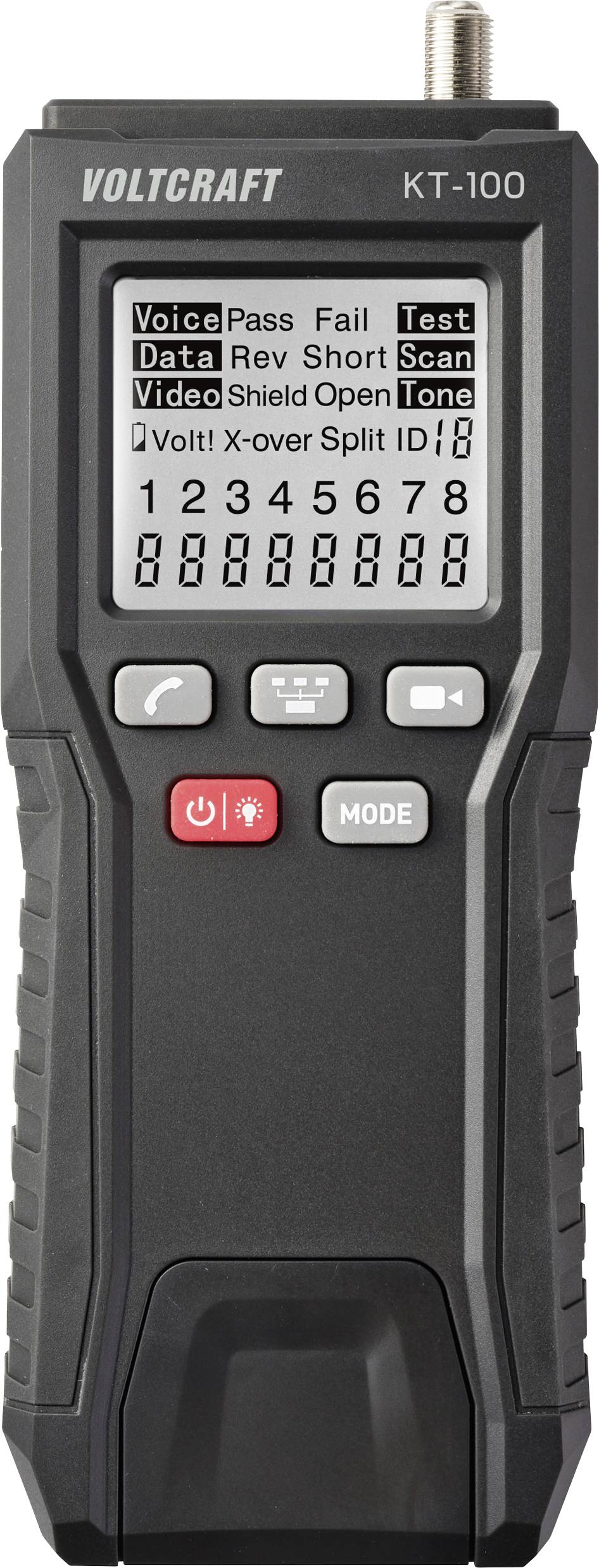Testeur de câbles réseau 'Voltcraft KT-100' avec un écran affichant divers résultats de test tels que 'Réussi', 'Échec', 'Court-circuit', 'Circuit ouvert'.
