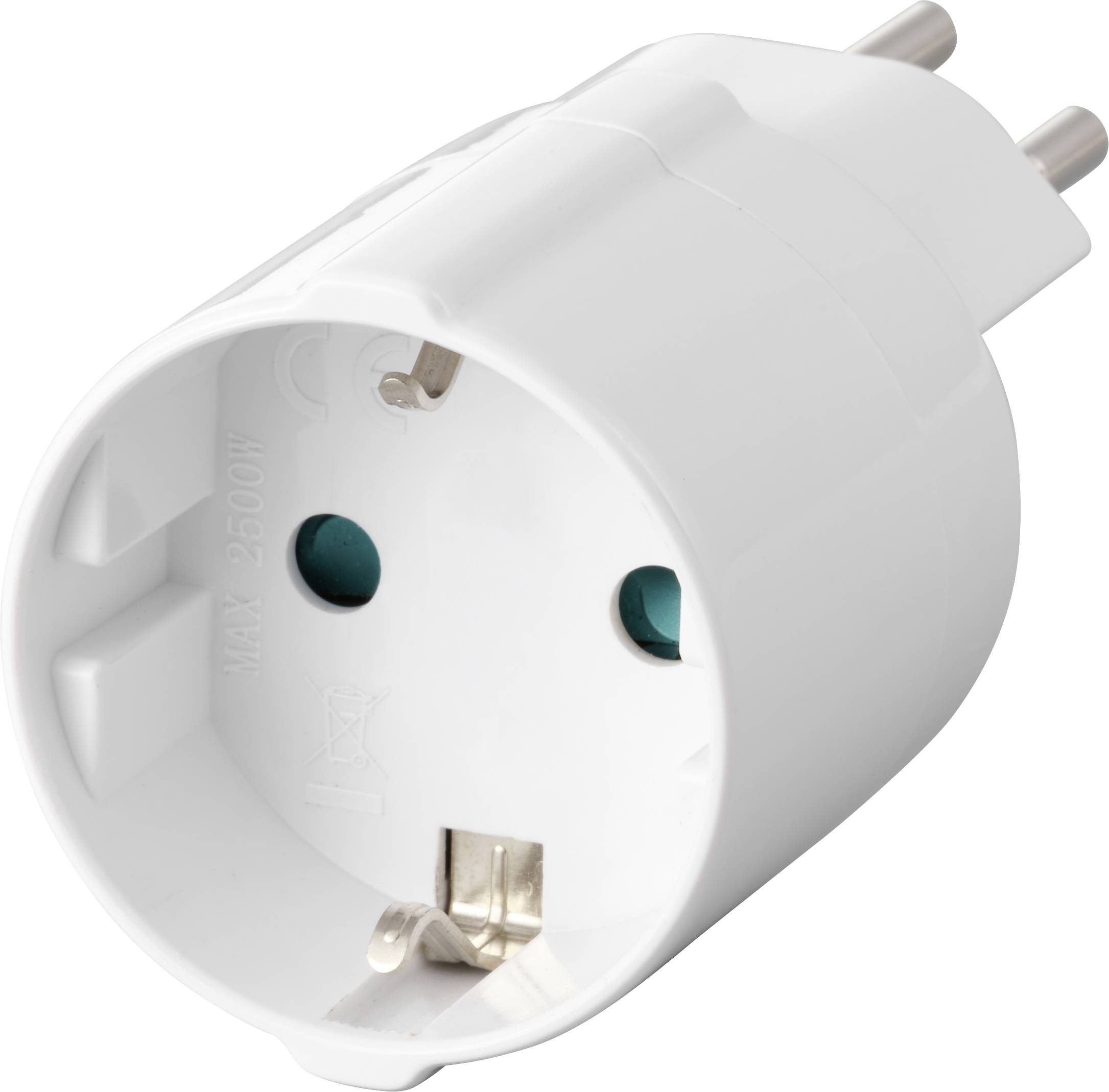Un adaptateur électrique blanc avec deux broches métalliques rondes, adapté aux prises européennes, portant l'inscription « MAX 2500W ».