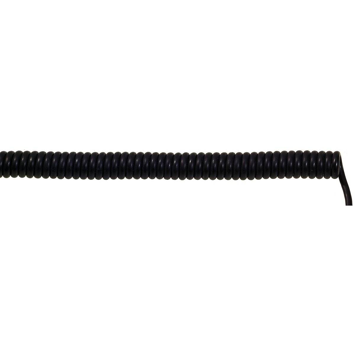 Ein schwarzes gewickeltes Kabel erstreckt sich horizontal über einen weißen Hintergrund und zeigt dabei seine Spiralstruktur und Flexibilität.