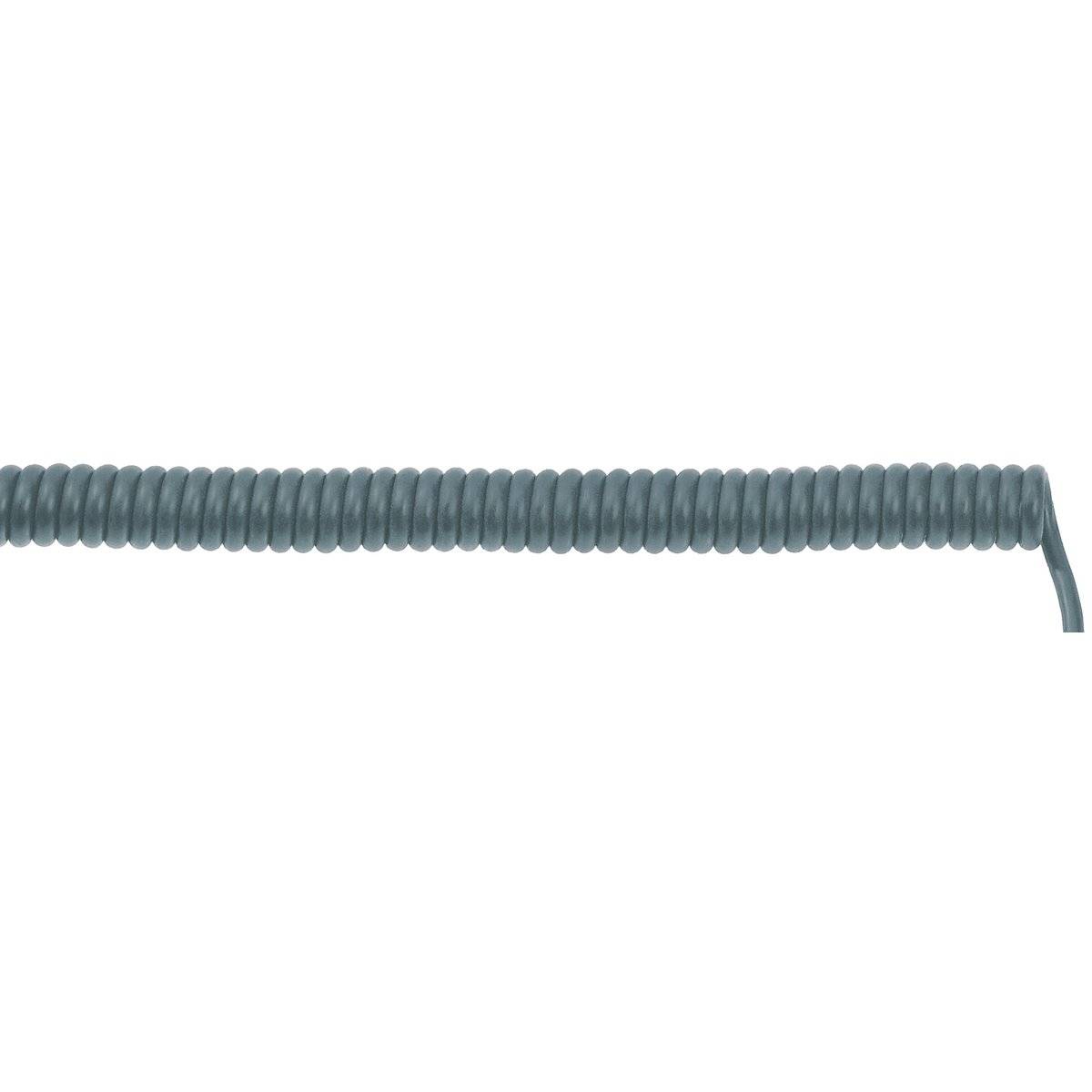 Ein eng gewickeltes graues Kabel erstreckt sich horizontal über einen einfarbigen Hintergrund und veranschaulicht ein ordentlich aufgewickeltes Design.