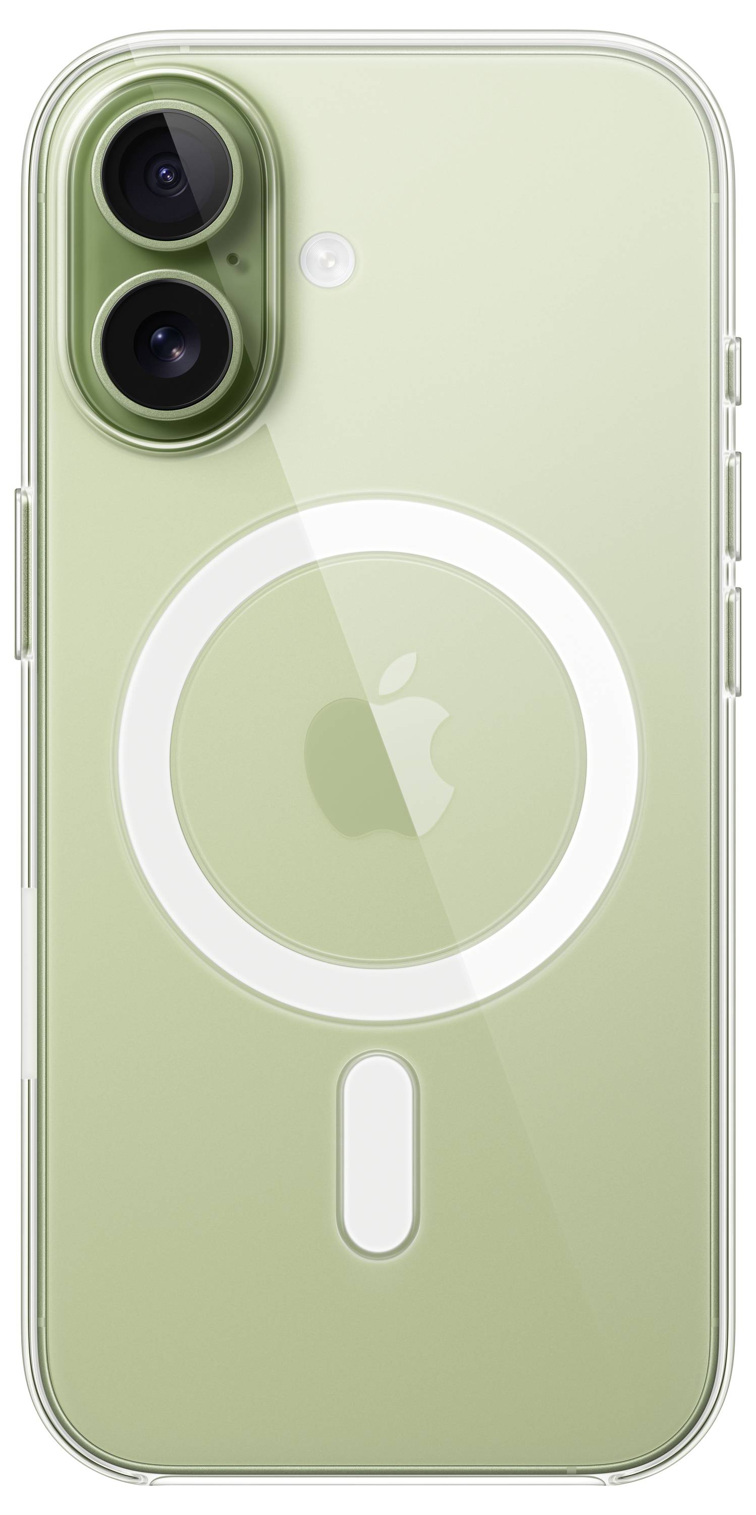 Un étui de smartphone vert compatible avec MagSafe, présentant un contour magnétique circulaire visible à l'arrière, conçu pour une fixation sécurisée des accessoires.