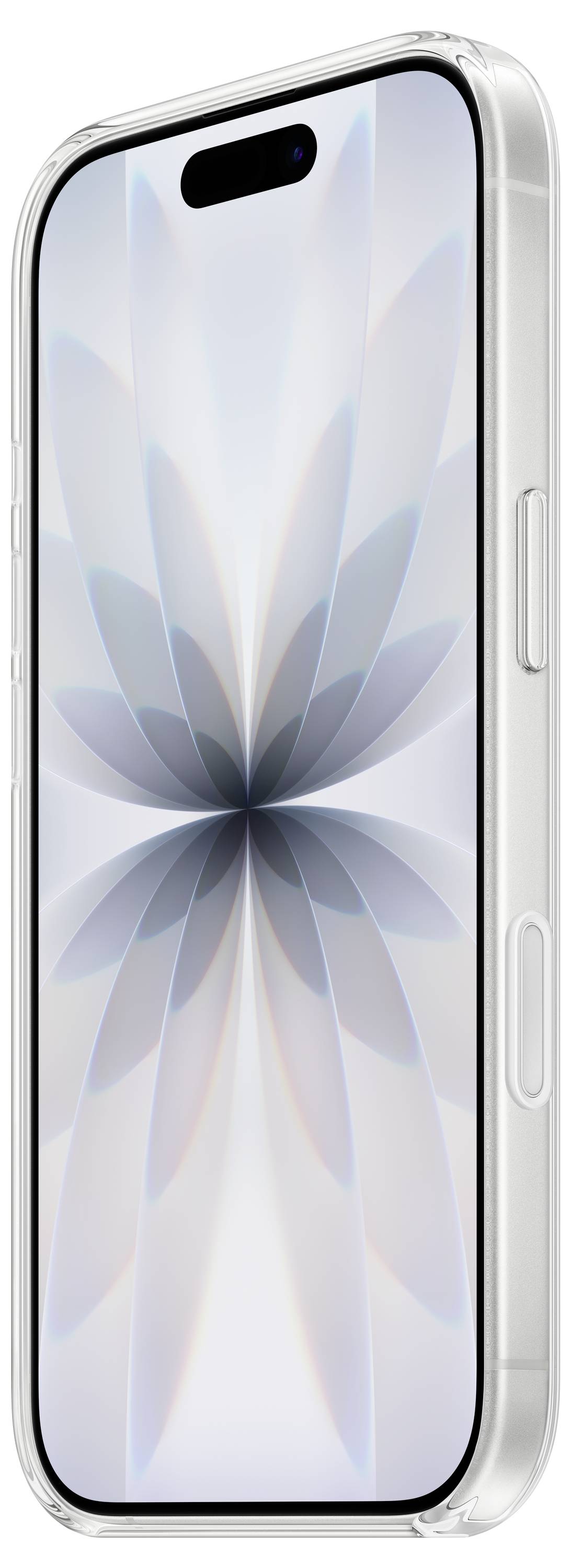 Un smartphone avec un cadre métallique argenté, affichant un motif abstrait floral sur l'écran.