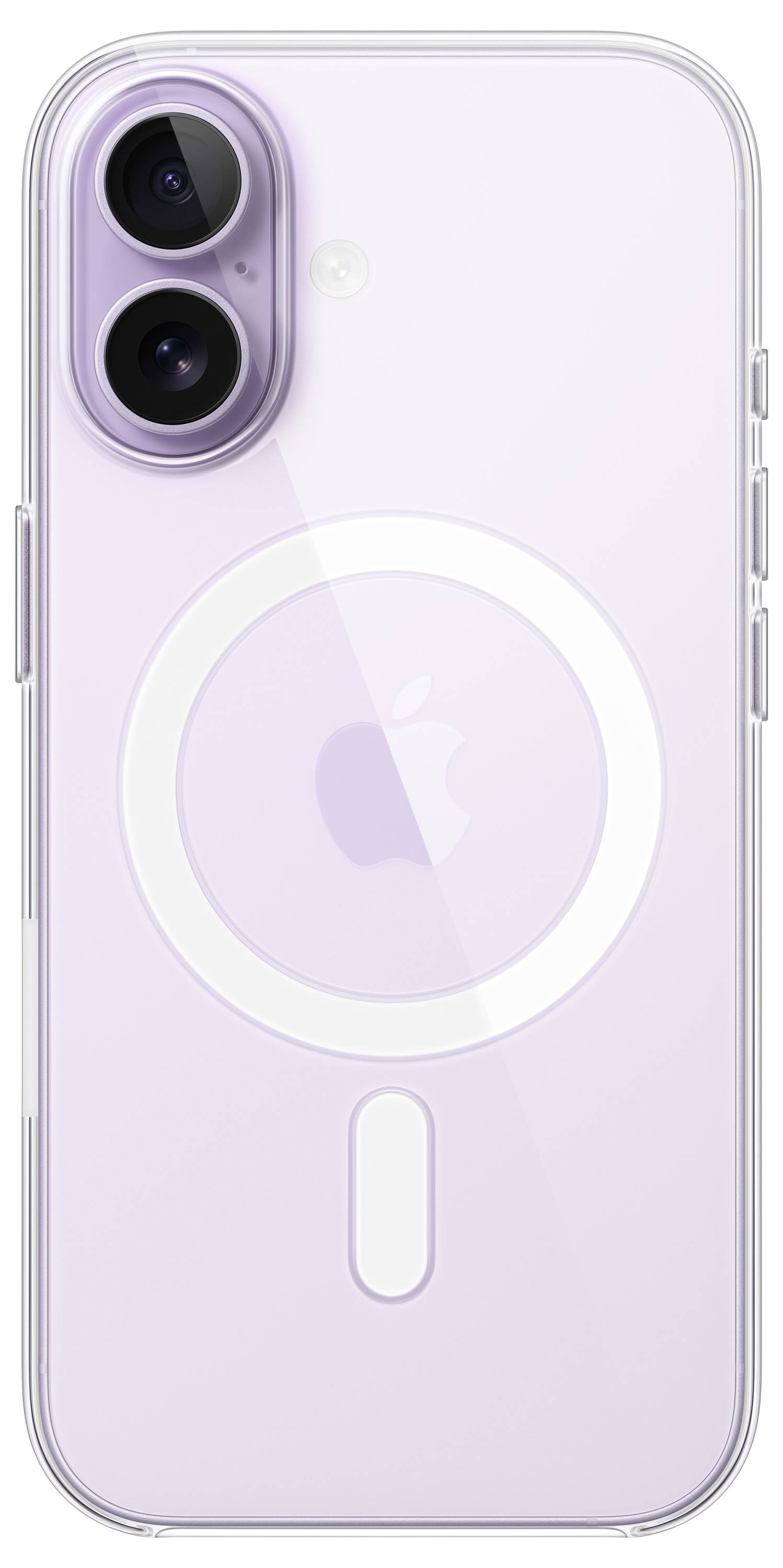 Un smartphone lavande avec deux caméras arrière et un logo Apple, présentant un élément de design circulaire autour du logo sur sa face arrière.