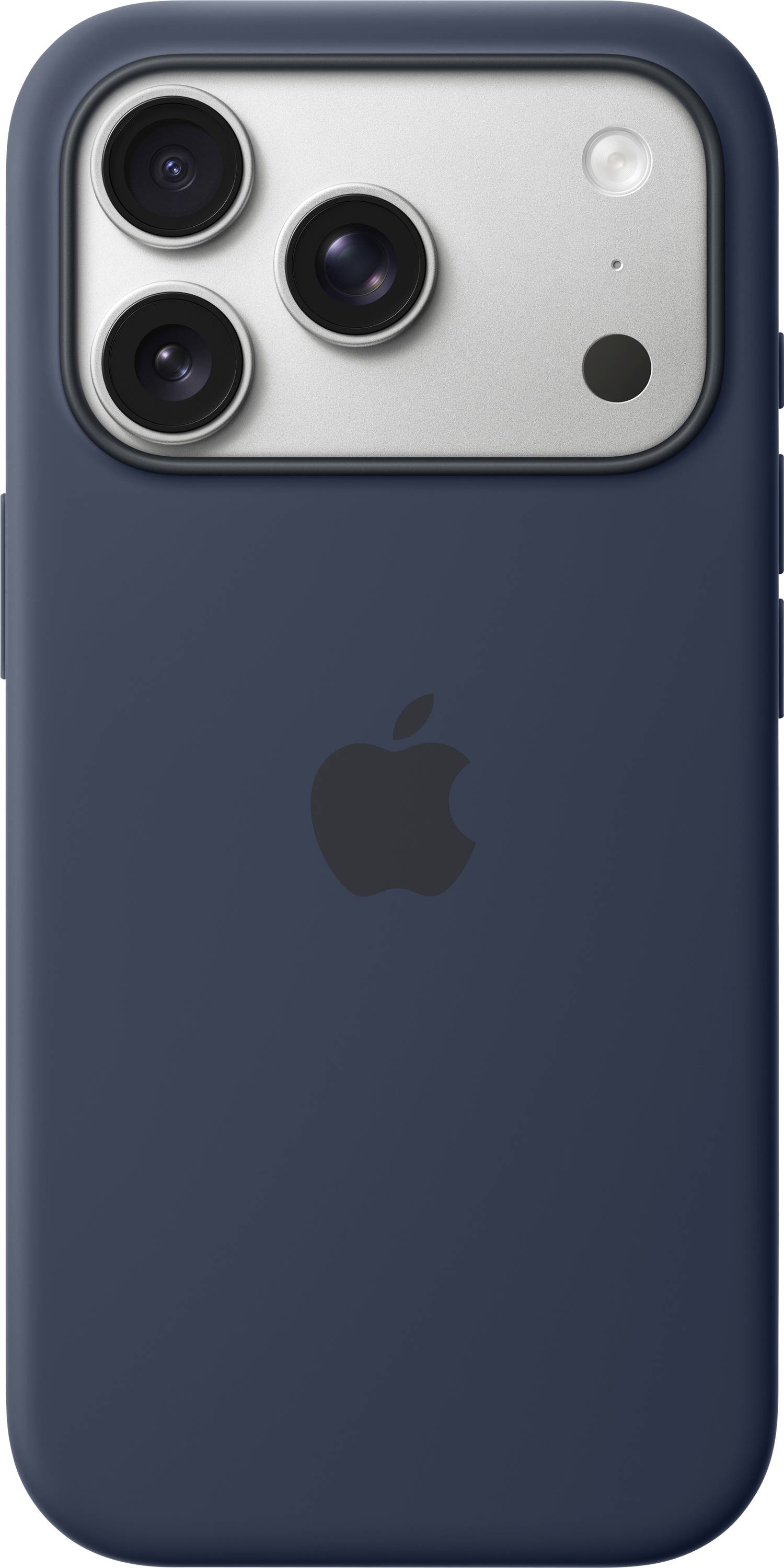 Ein Smartphone mit drei Rückkameras in einem dunkelblau-marinefarben Gehäuse, mit einem Apple-Logo in der Mitte.