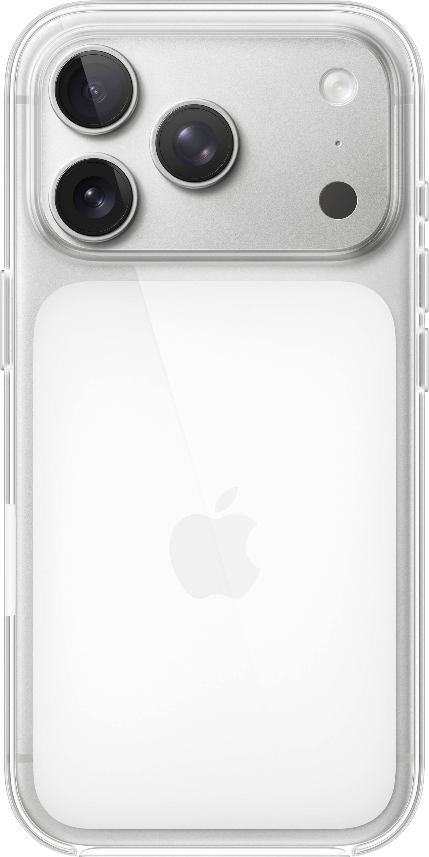 Ein Smartphone mit einer transparenten Hülle, das drei Kameraobjektive und ein Apple-Logo auf der Rückseite aufweist.