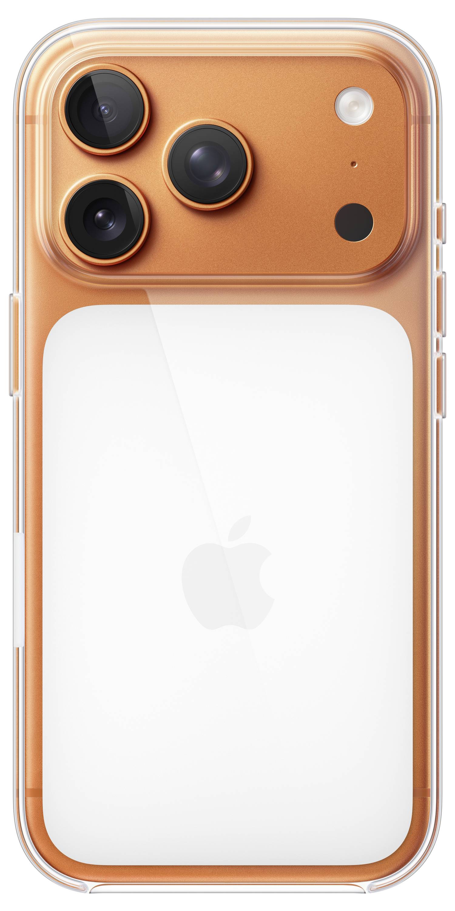 Étui de téléphone orange sur un smartphone, présentant trois objectifs de caméra et le flash. Le design transparent met en valeur le logo du téléphone.