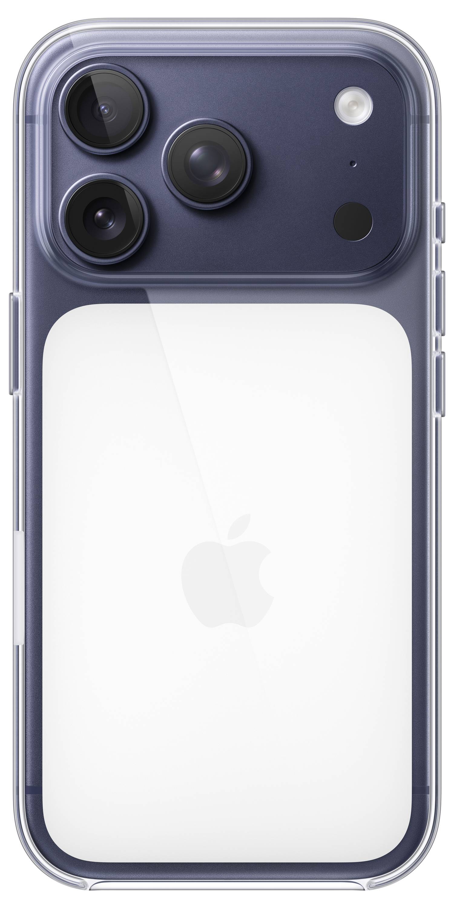 Un smartphone avec trois objectifs de caméra et un logo Apple à l'arrière, présenté dans un étui transparent, vu de dos.