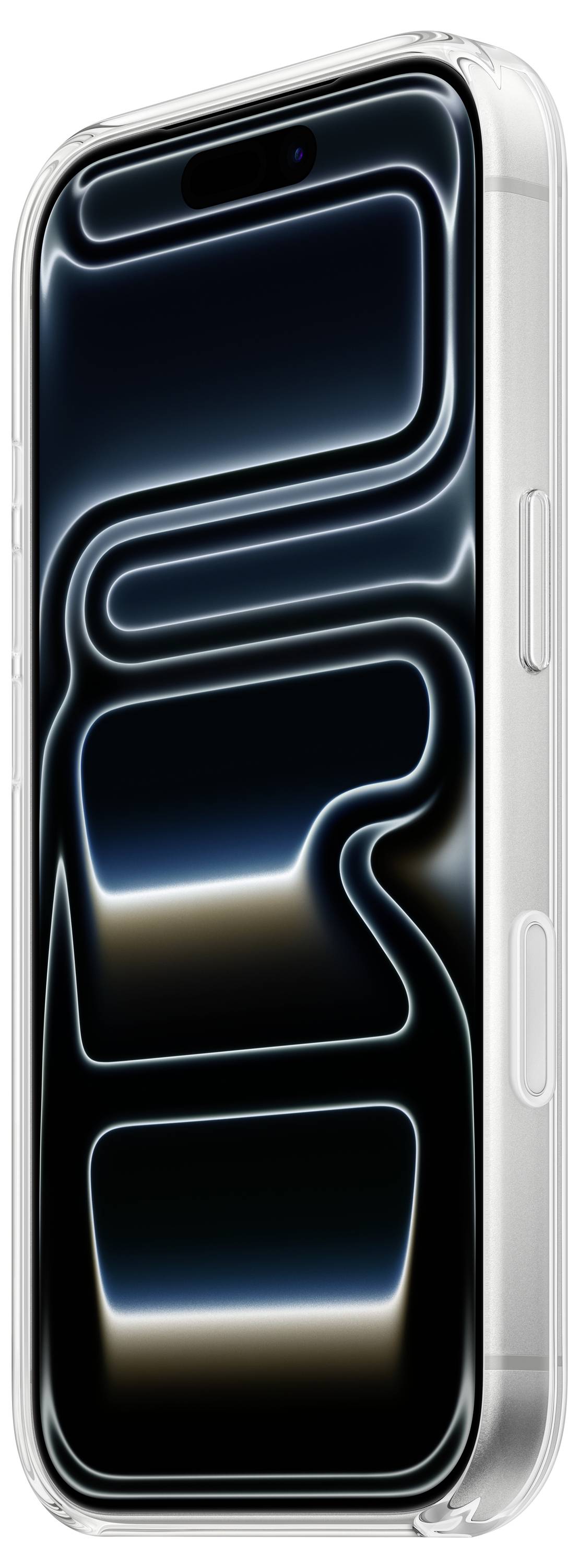 Un smartphone doté d'un motif de lignes lumineuses minimaliste et abstrait sur l'écran, placé dans un étui de protection transparent.