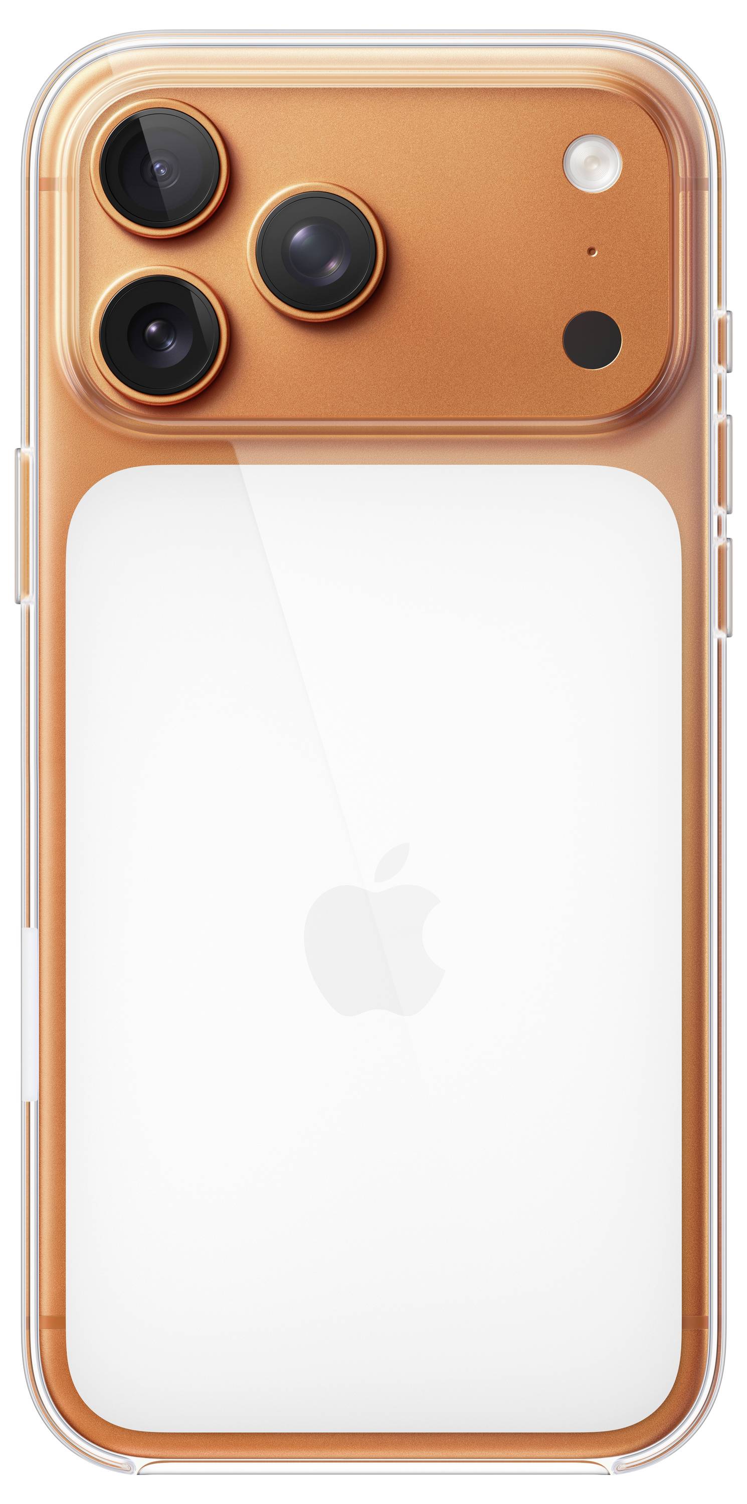 Un étui transparent conçu pour un smartphone orange comportant deux grands objectifs d'appareil photo, un objectif plus petit, et un logo Apple au dos.