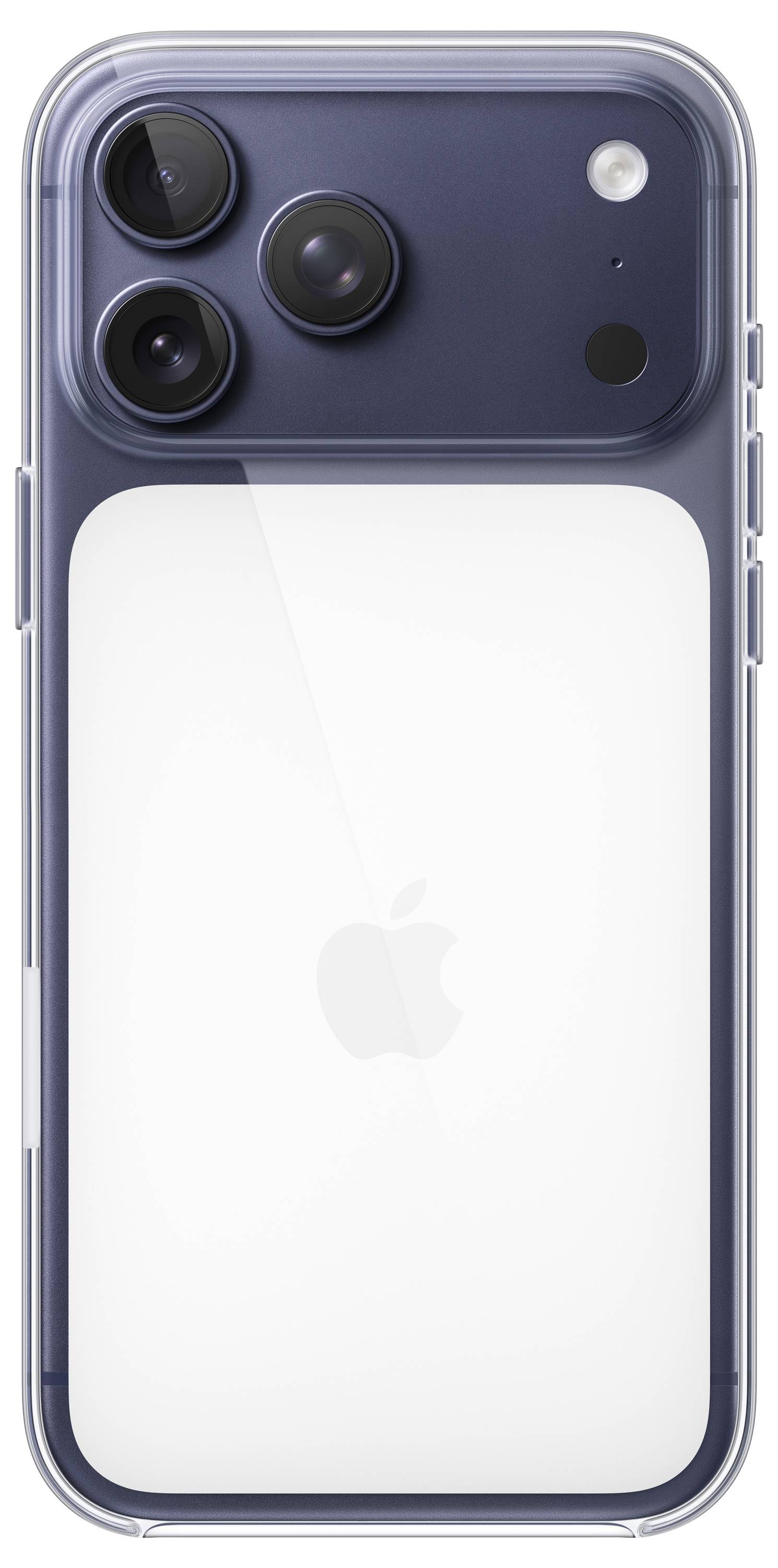 Un smartphone doté de trois caméras arrière et d'un logo Apple en dessous. L'appareil présente une finition sombre élégante.