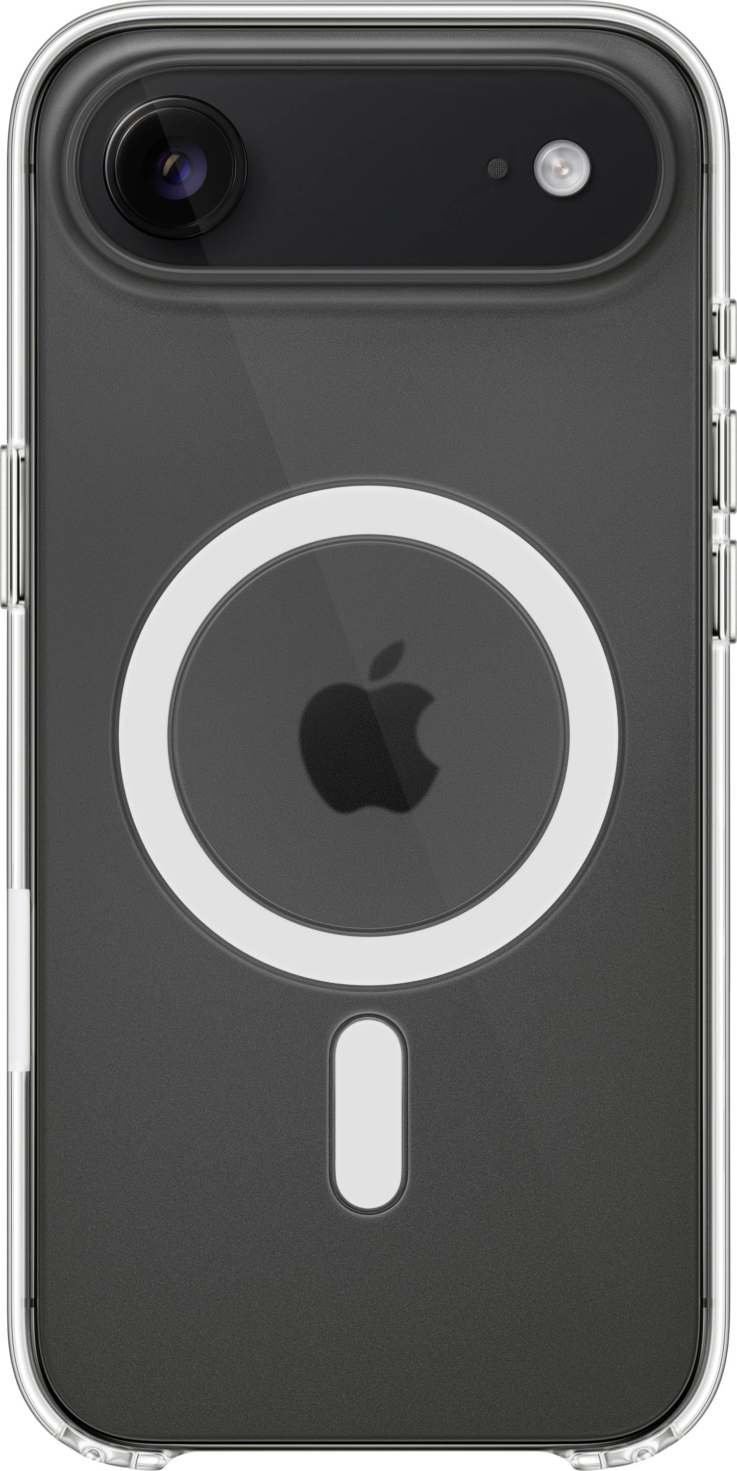 Ein Smartphone mit einer transparenten Hülle, die ein kreisförmiges, weißes MagSafe-Design und ein Apple-Logo auf der Rückseite aufweist.