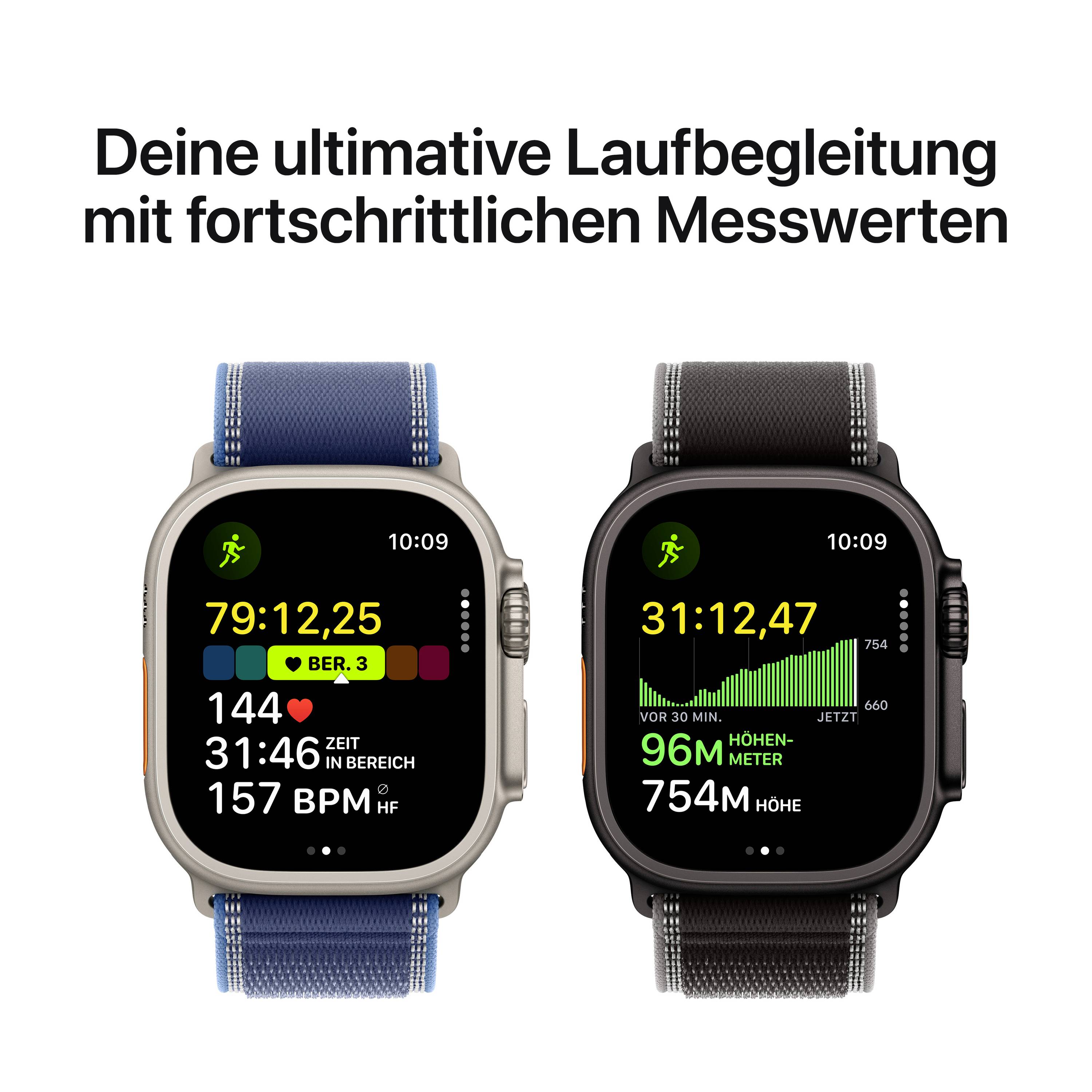 Deux montres connectées avec des bracelets bleus et noirs affichent des données de course telles que l'itinéraire, le temps, la fréquence cardiaque et le dénivelé sur leurs écrans.