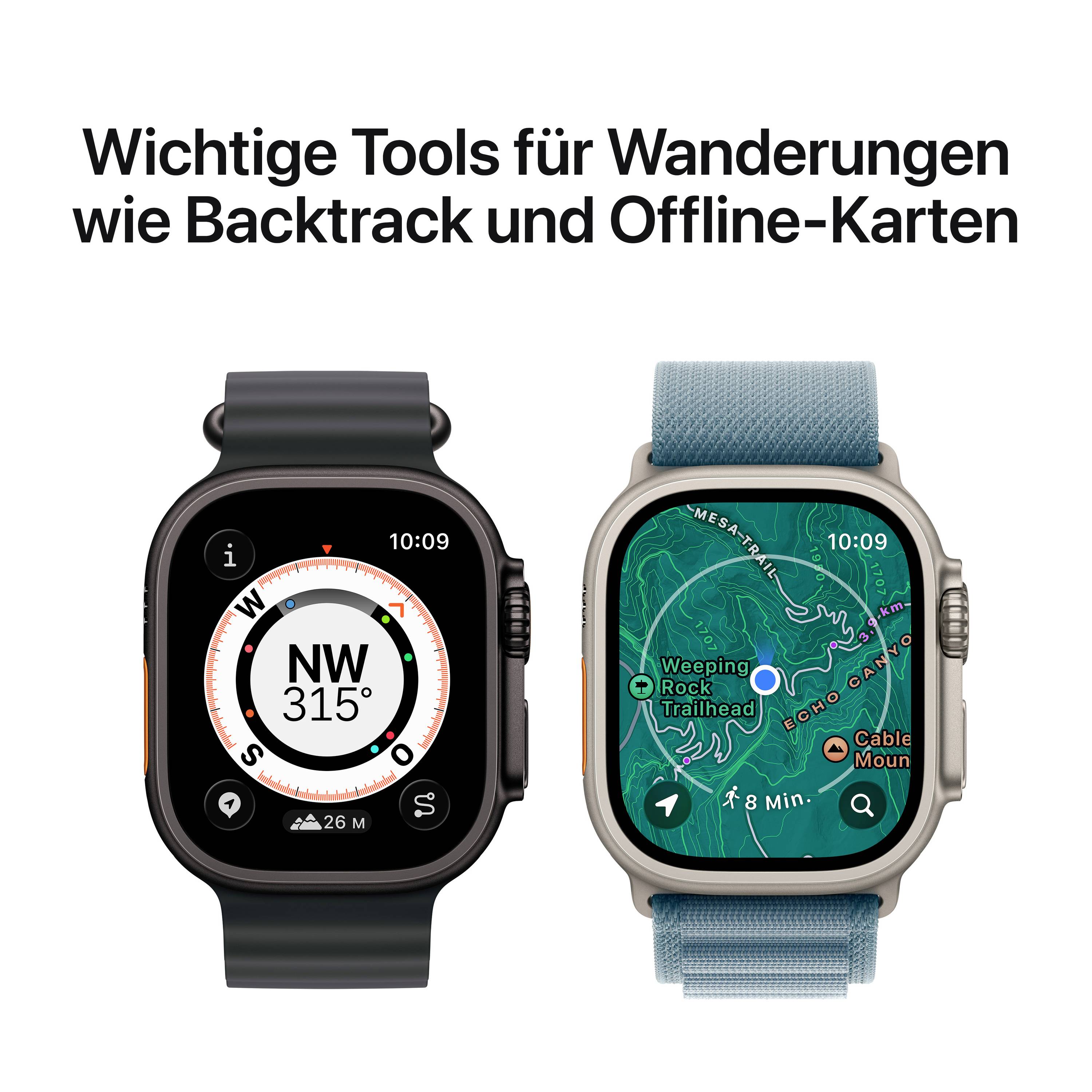 Deux montres connectées affichent un compas numérique et une carte hors ligne. Texte : 'Outils essentiels pour les randonnées comme Backtrack et cartes hors ligne'.