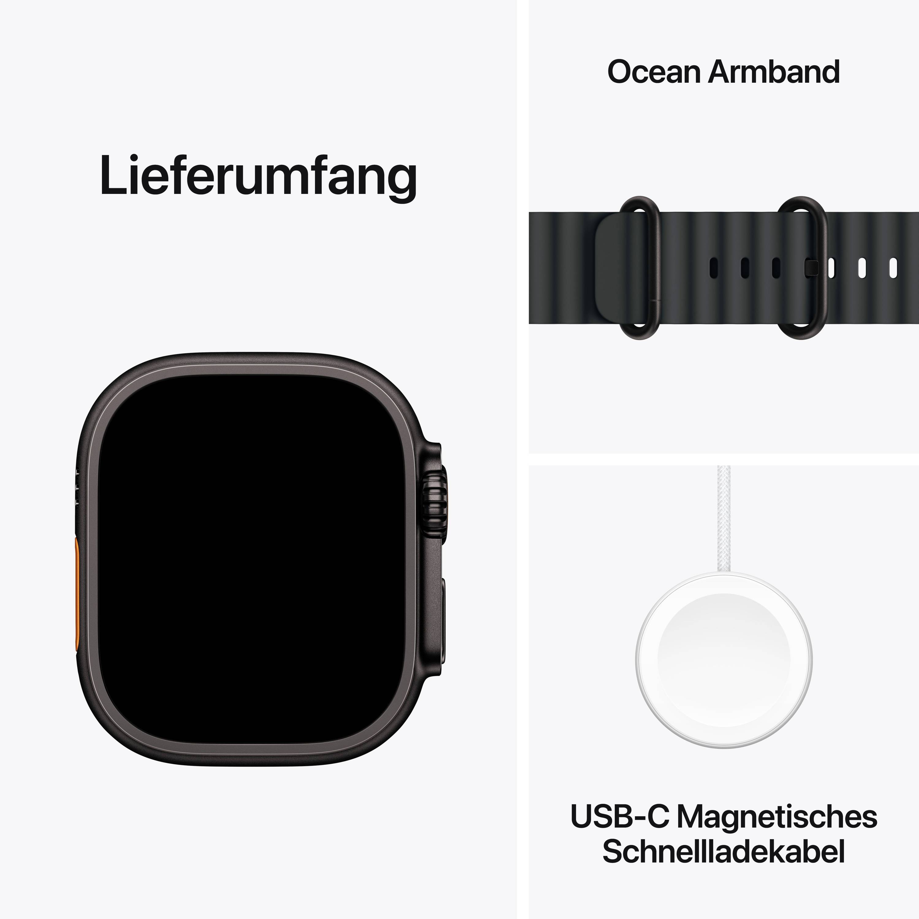 Contenu de la livraison : Montre connectée avec écran rectangulaire, bracelet Ocean et câble de charge rapide magnétique USB-C.