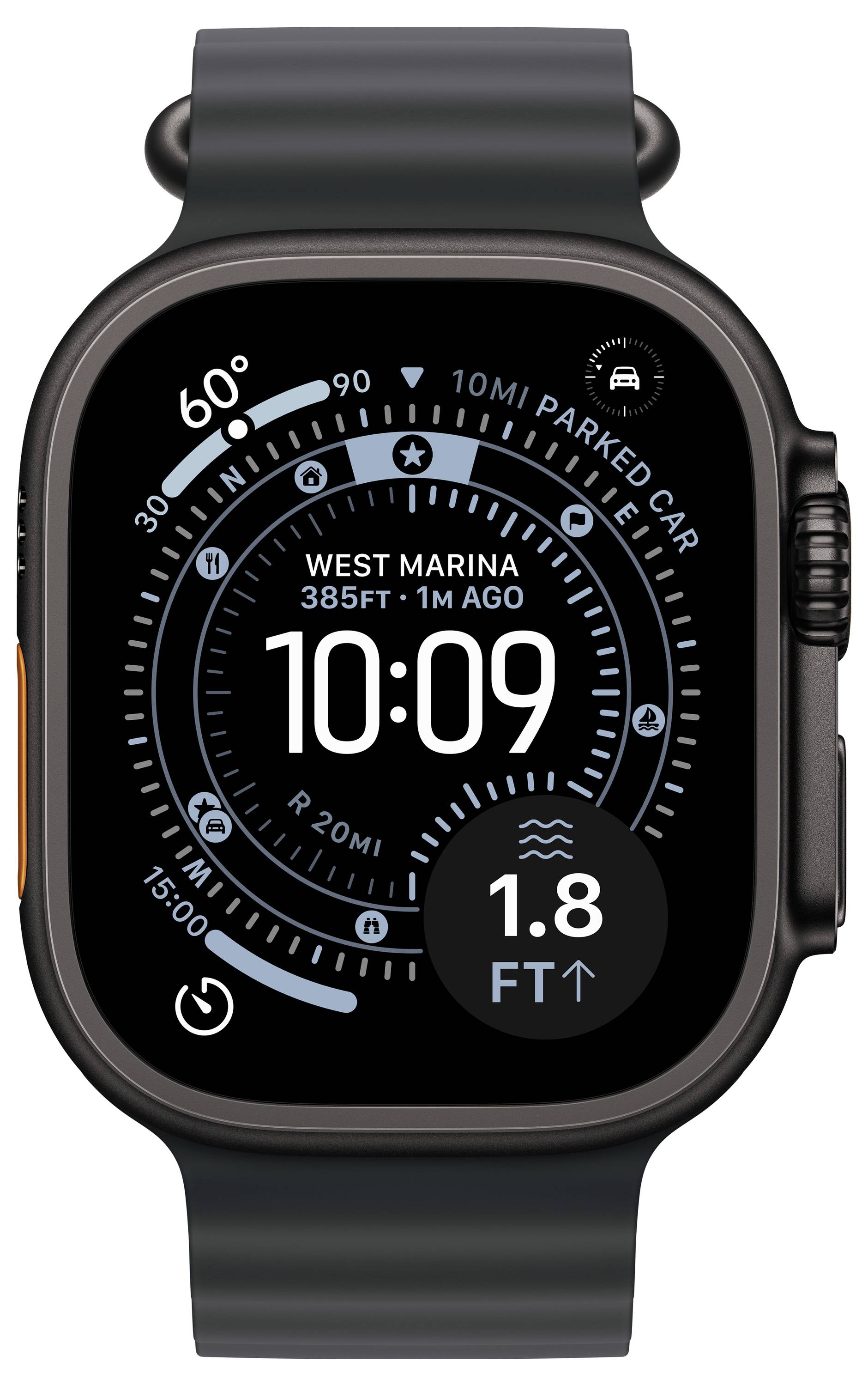 Montre connectée avec application boussole affichant les directions, la distance jusqu'à la voiture garée, l'altitude de 1,8 pieds, et l'heure actuelle qui est 10 h 09.