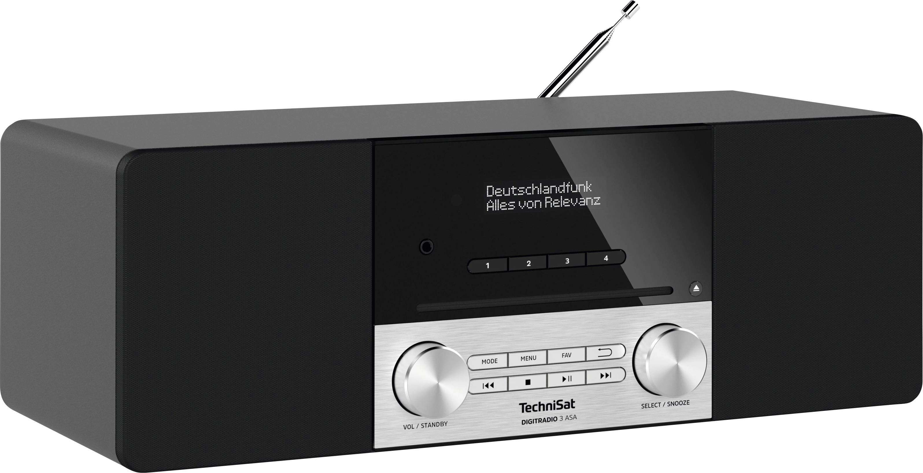 Un poste de radio numérique noir avec un avant en argent, doté de boutons de commande et de touches. Une antenne s'étend depuis le haut, et un affichage indique « Deutschlandfunk Alles von Relevanz ».