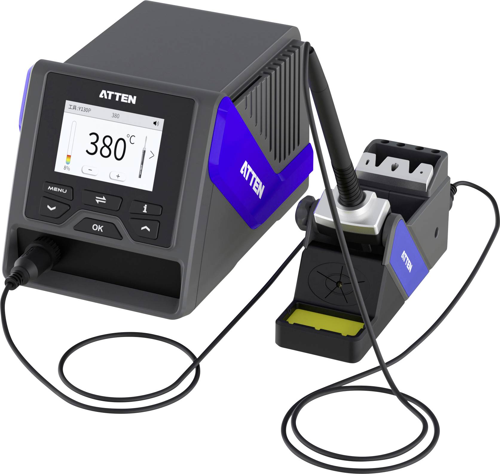 Station de soudage avec un écran LCD affichant '380°C', un fer à souder connecté et un support.