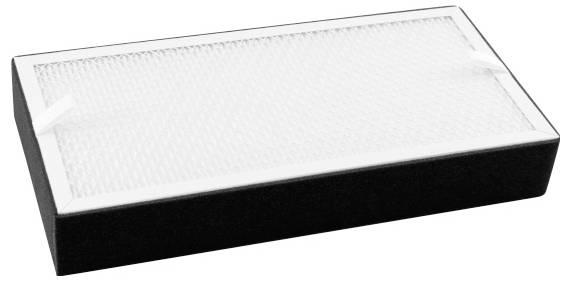 Filtre à air rectangulaire avec un maillage supérieur blanc et un cadre noir, conçu pour être utilisé dans des systèmes de ventilation ou de purification de l'air.