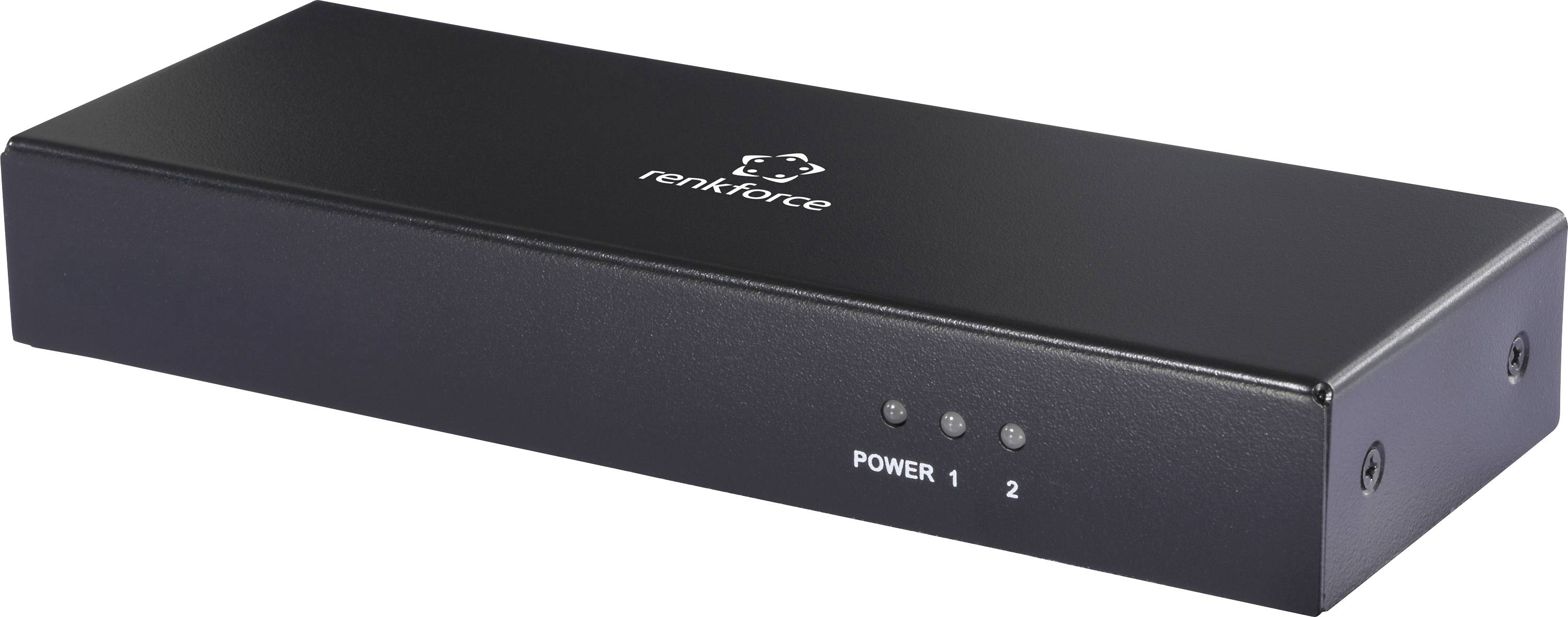 Un appareil électronique rectangulaire noir avec le logo 'renkforce' sur le dessus, comportant trois indicateurs LED étiquetés 'Power', '1' et '2'.