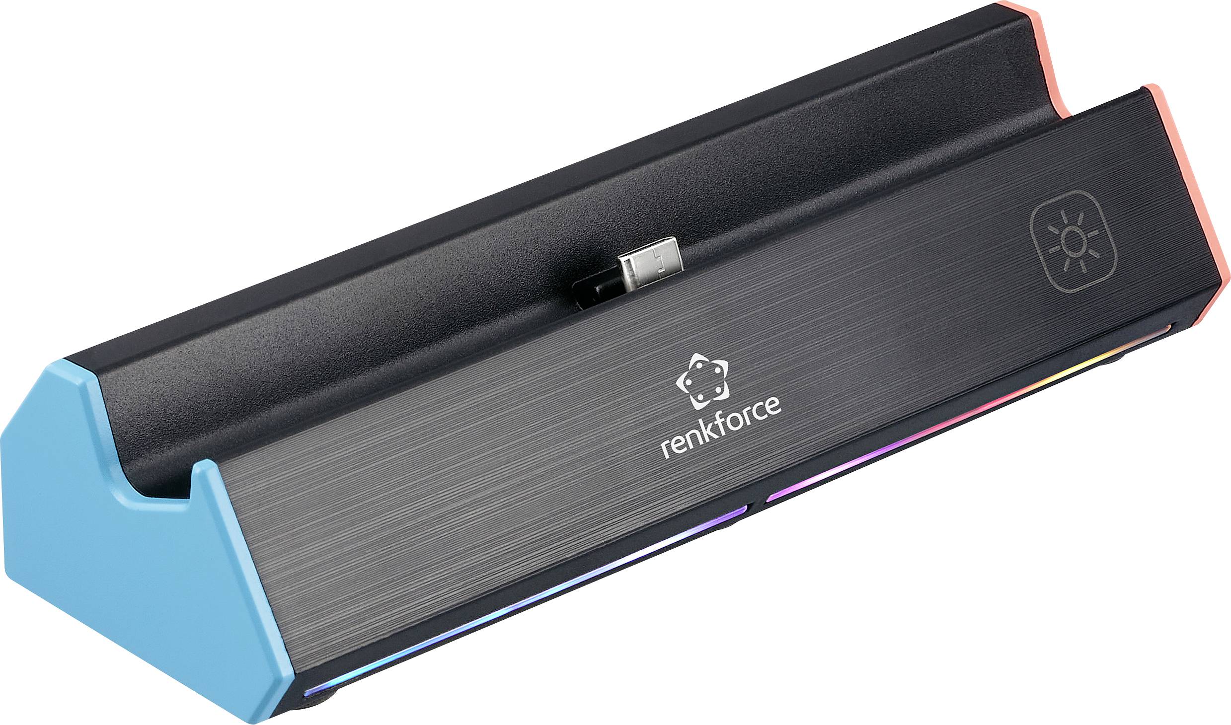 Une station d'accueil Renkforce avec connecteur USB-C, vue en angle, noire avec des accents de couleur.