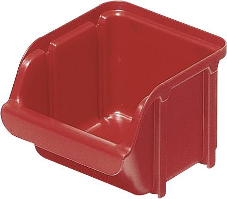 Un bac de rangement en plastique rouge avec un côté ouvert, utilisé pour organiser des petits objets.