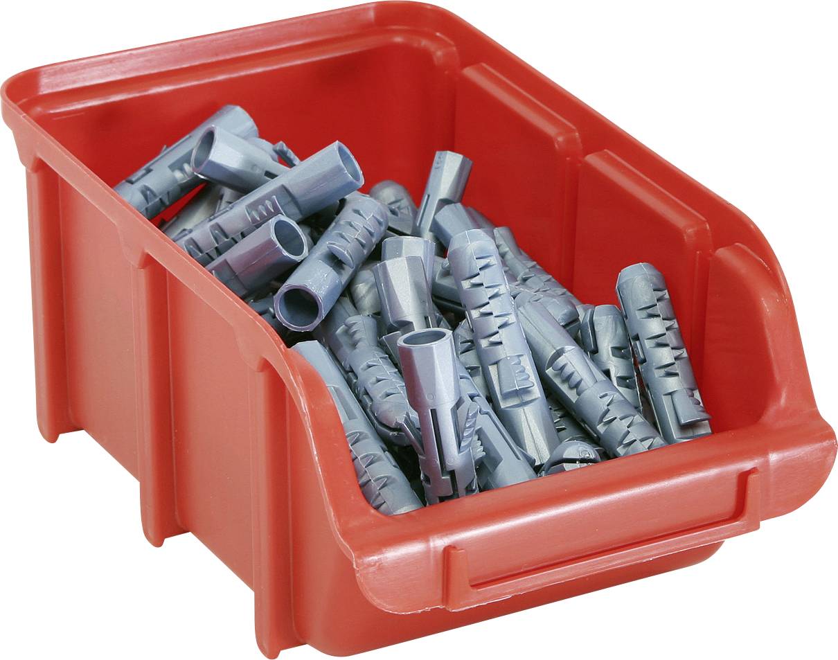 Un bac de rangement rouge contenant de nombreux chevilles en plastique gris, utilisées pour fixer des vis dans du placo ou de la maçonnerie.