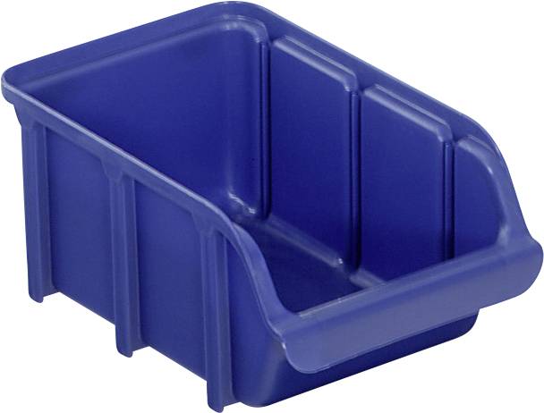 Bac de rangement en plastique bleu avec une large ouverture à l'avant, utilisé pour organiser de petits objets.