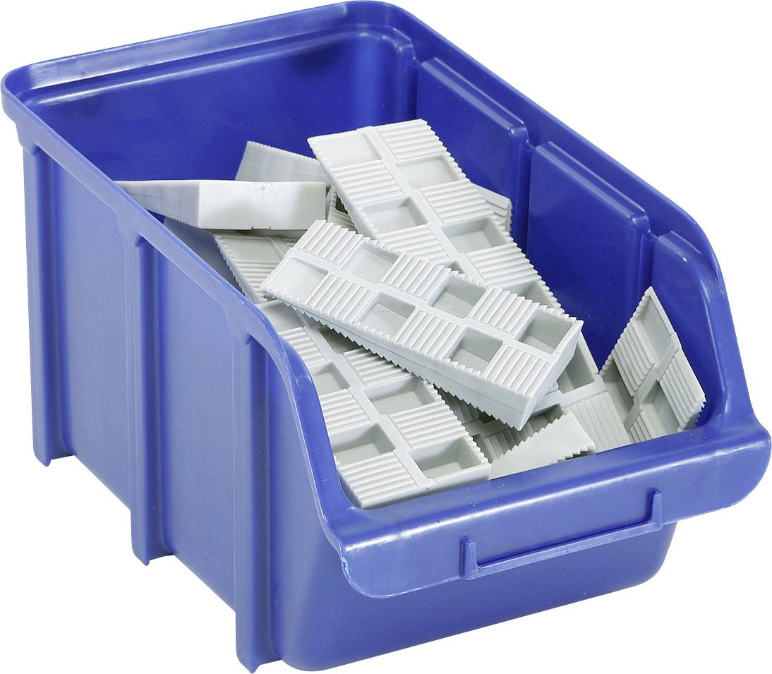 Un récipient en plastique bleu contenant plusieurs objets rectangulaires gris, présentant une texture striée et rainurée.