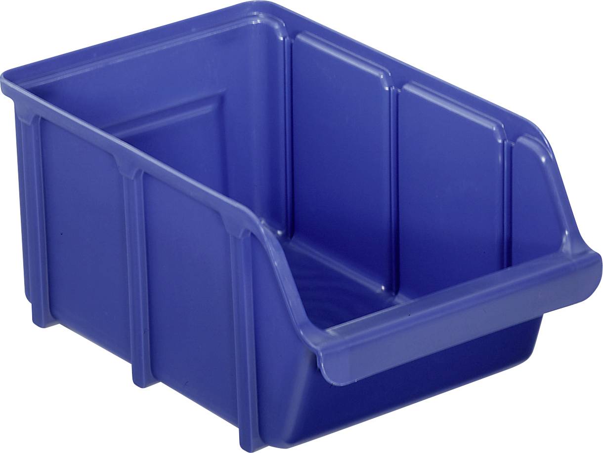 Un bac de rangement en plastique bleu, ouvert en haut, adapté pour organiser de petits objets, doté de parois renforcées et d'un avant incliné pour un accès facile.