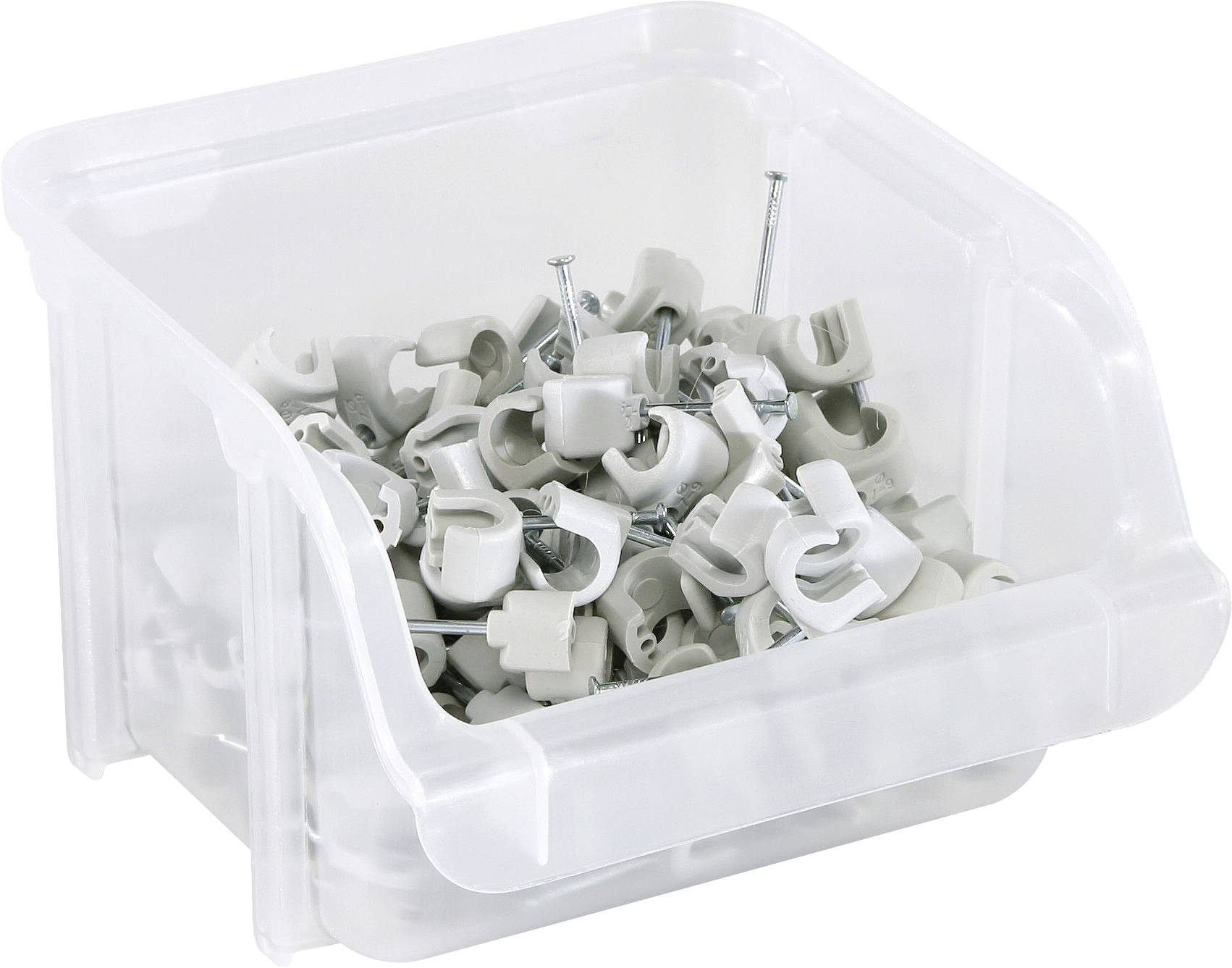 Un bac en plastique transparent rempli de clips de câble blancs, chacun muni d'un clou, utilisés pour fixer des câbles aux surfaces.