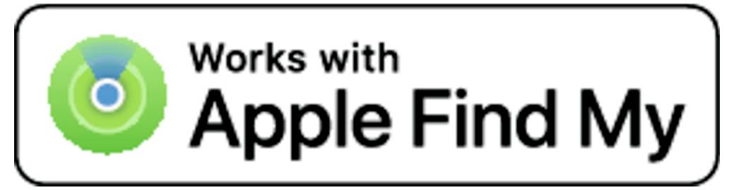 Un logo avec le texte : « Fonctionne avec Localiser Apple » à côté d'une icône circulaire avec des cercles concentriques et un symbole de signal.