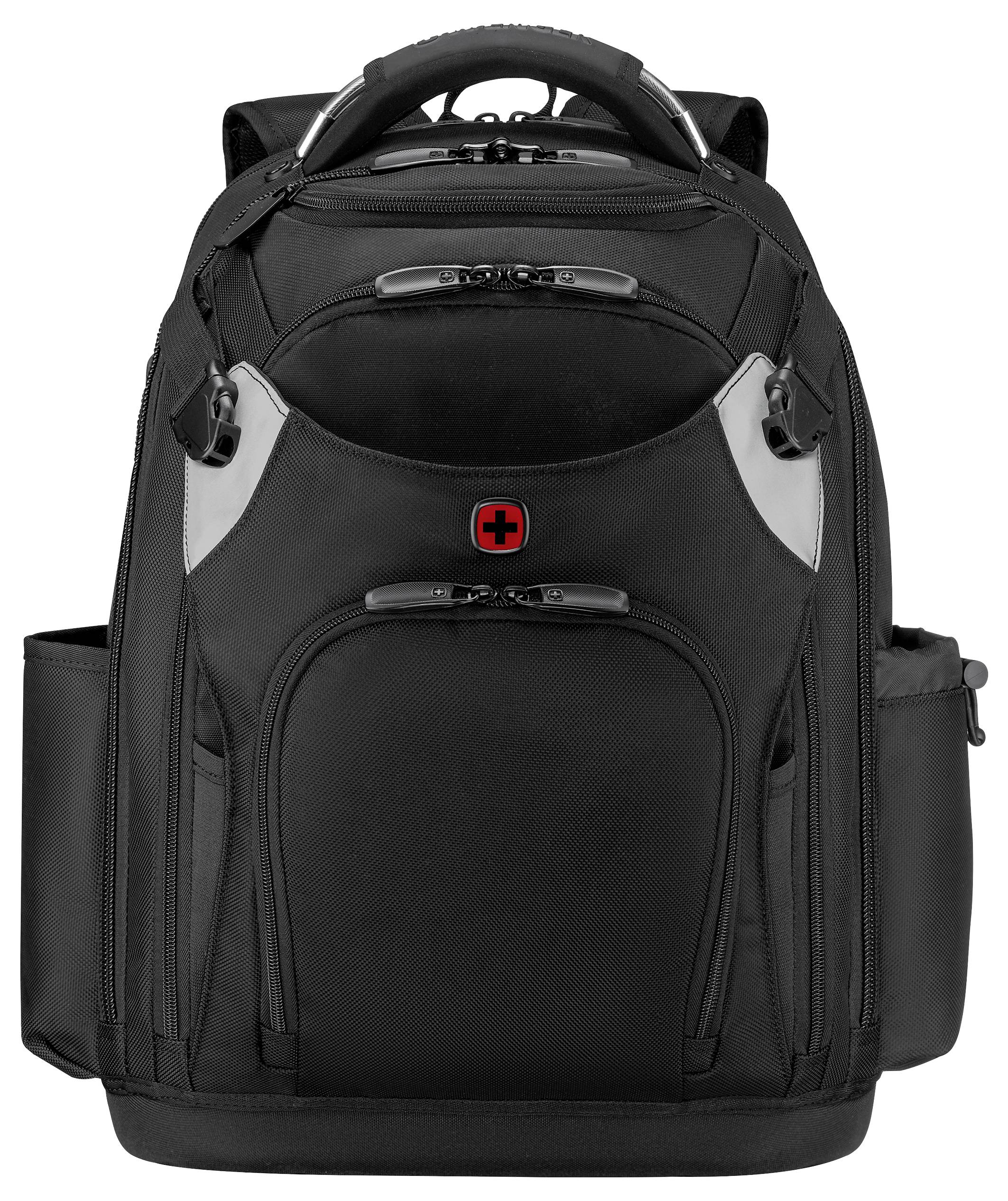 Un sac à dos noir avec plusieurs compartiments à fermeture éclair, des poches latérales et une poignée sur le dessus, arborant un logo en croix rouge et noir sur l'avant.