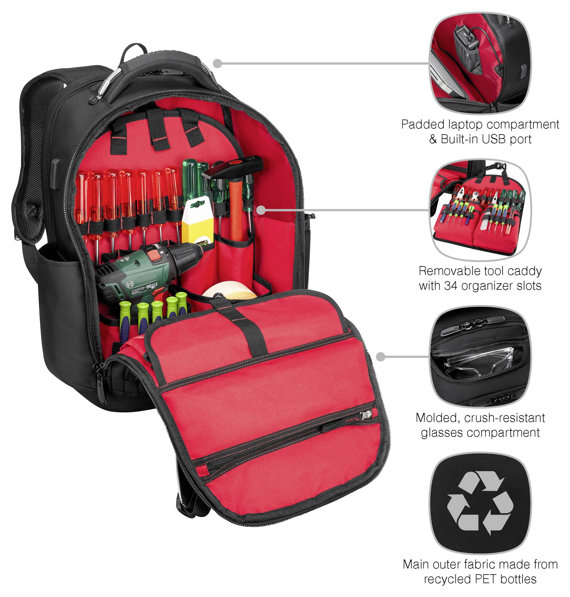 Ein schwarzer und roter Rucksack mit folgenden Merkmalen: gepolstertes Laptopfach, herausnehmbarer Werkzeughalter mit 34 Fächern, bruchsichere Brillenfach, USB-Anschluss und hergestellt aus recycelten PET-Flaschen.