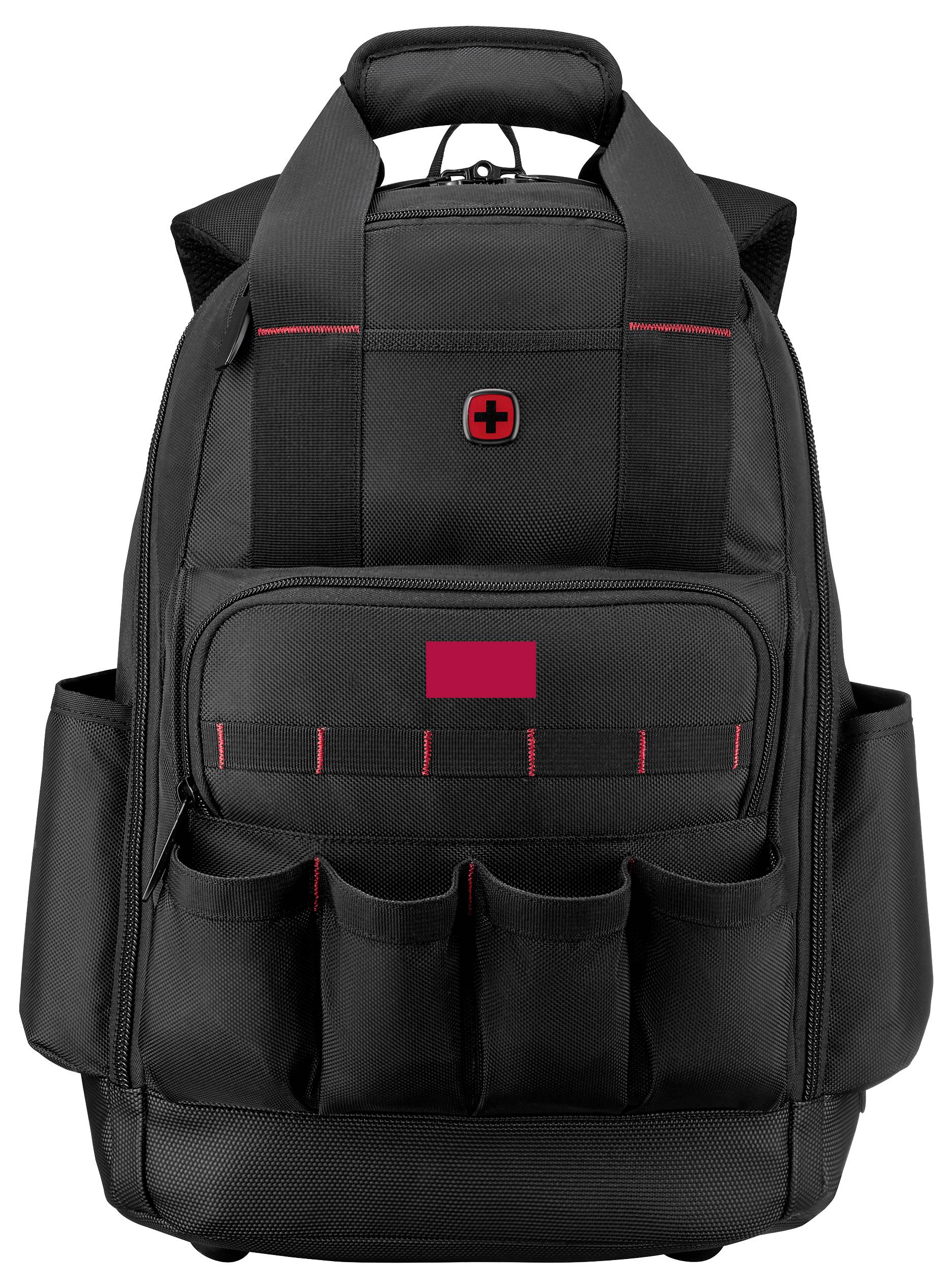 Un sac à dos noir avec des accents rouges, doté de plusieurs compartiments et d'une poignée de transport. Un petit logo de croix rouge est visible au-dessus de la poche avant.