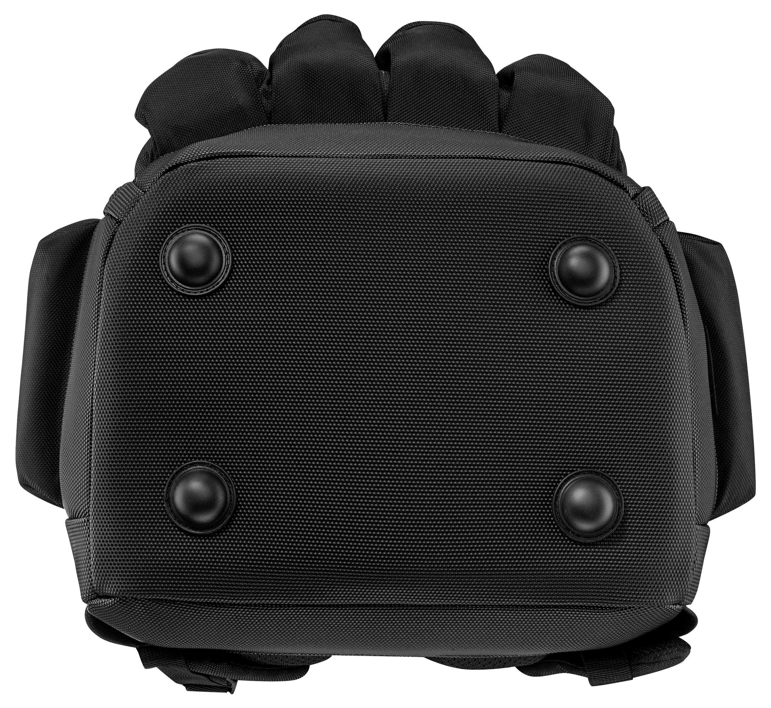 Un sac à dos tactique noir avec quatre boutons arrondis visibles à l'arrière et des sections rembourrées le long du haut et des côtés.