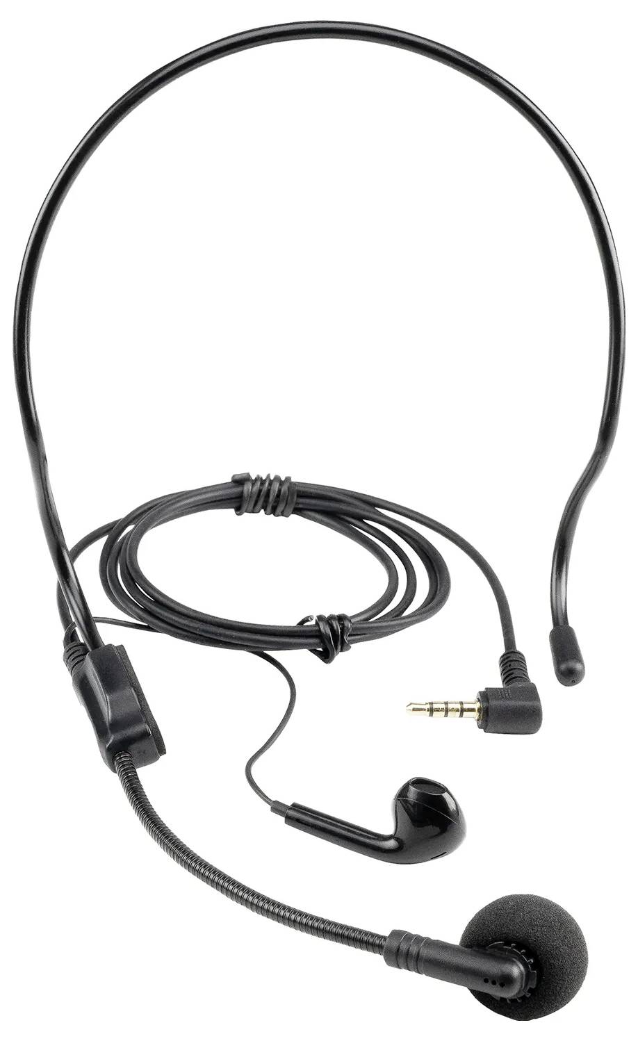 Un casque mono noir avec un arceau courbe et un fil se terminant par un connecteur jack de 3,5 mm.